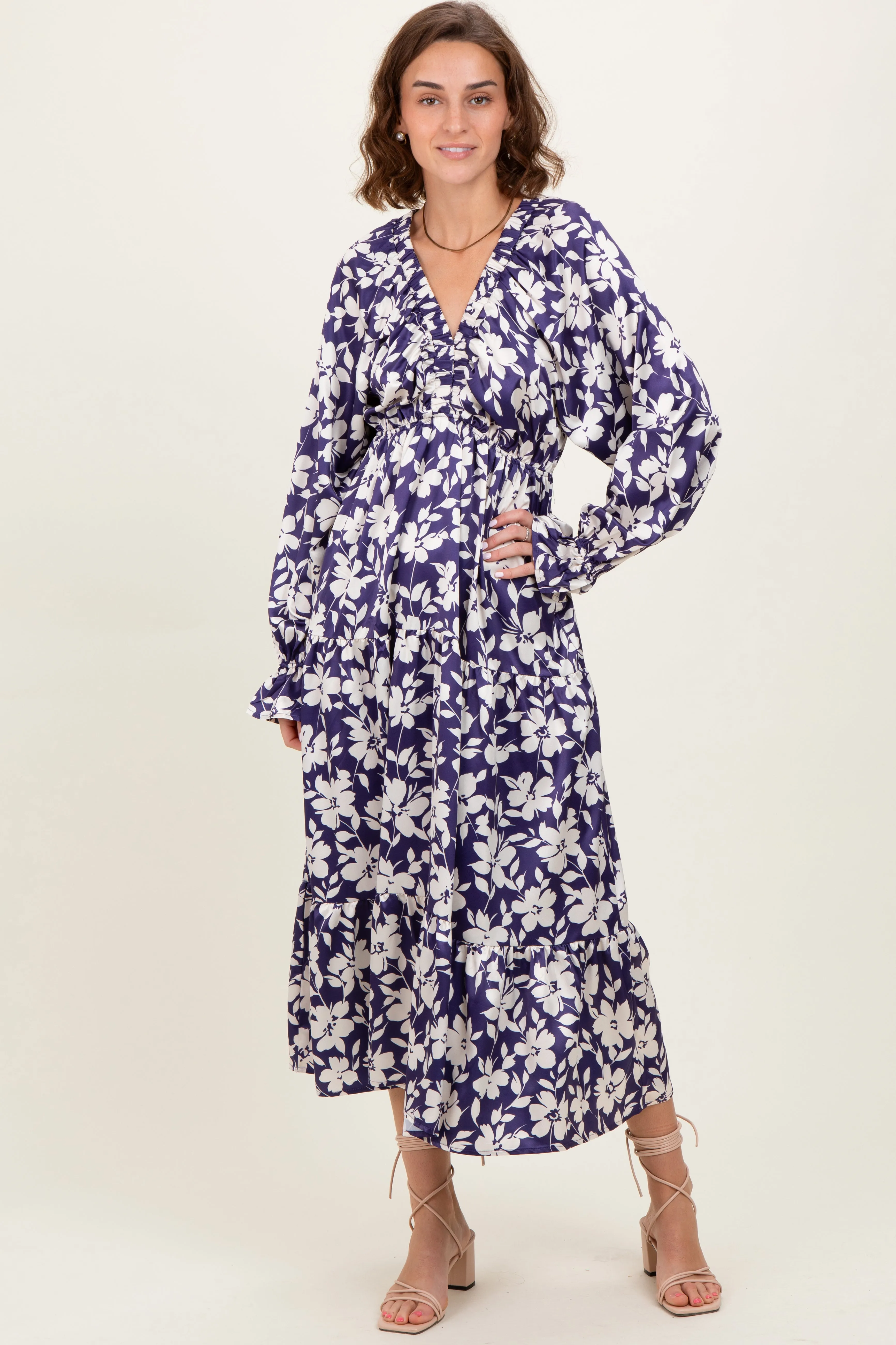 Navy Floral Tiered Ruched V-Neck Satin Maxi Dress sold by Pinkblush product image thumbnail 2