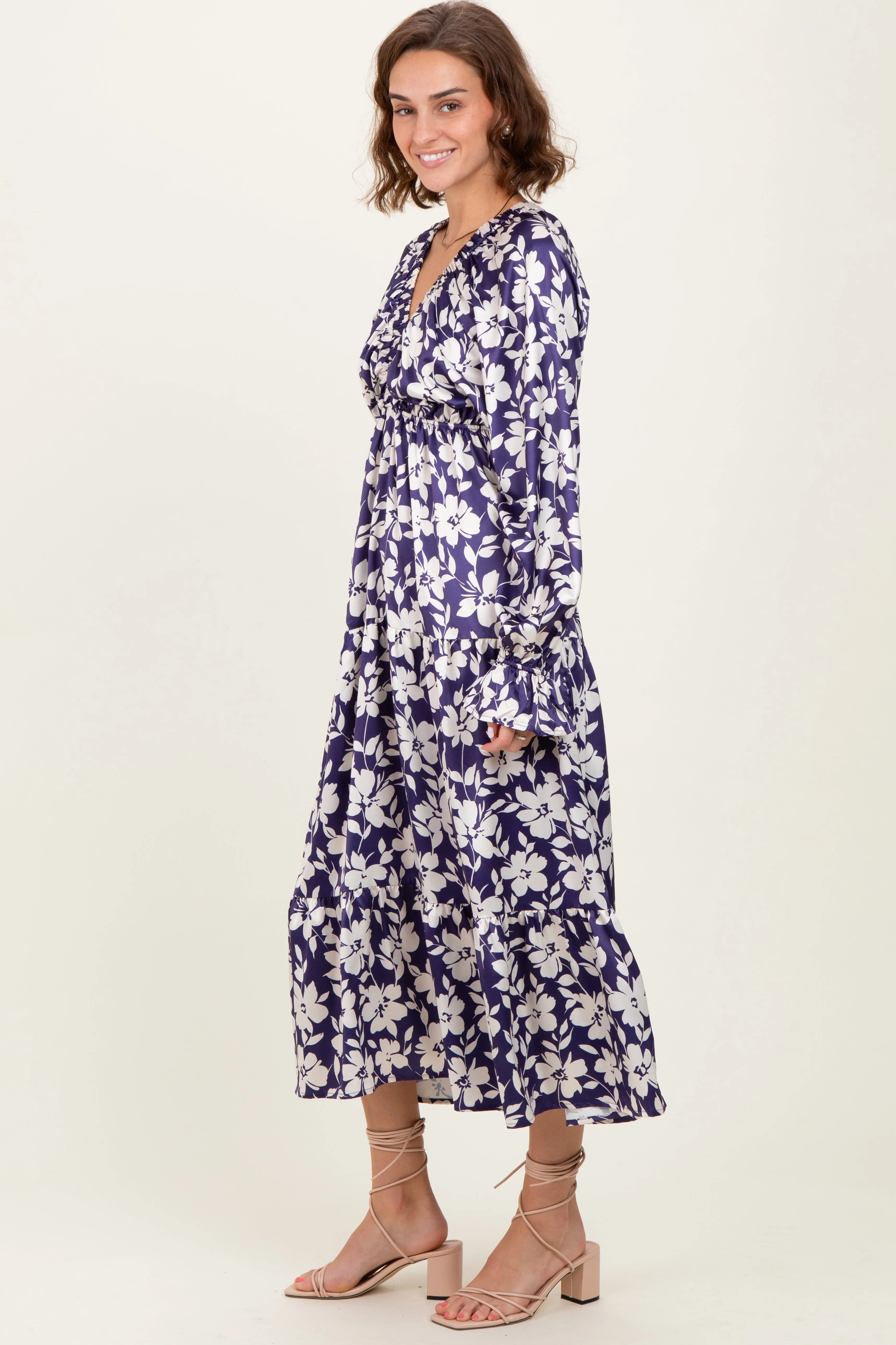 Navy Floral Tiered Ruched V-Neck Satin Maxi Dress sold by Pinkblush product image thumbnail 3