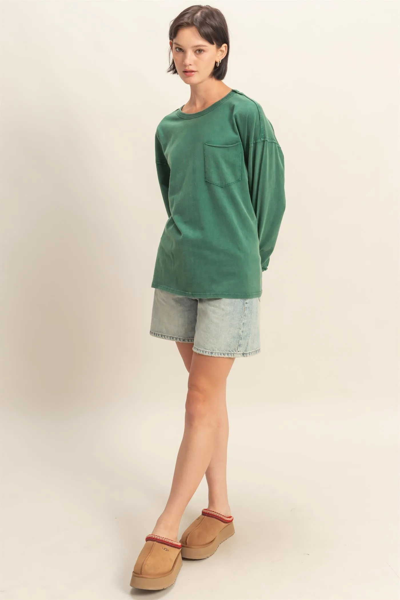 Green Oversized Washed Long Sleeve Pocket Top sold by Pinkblush product image thumbnail 4