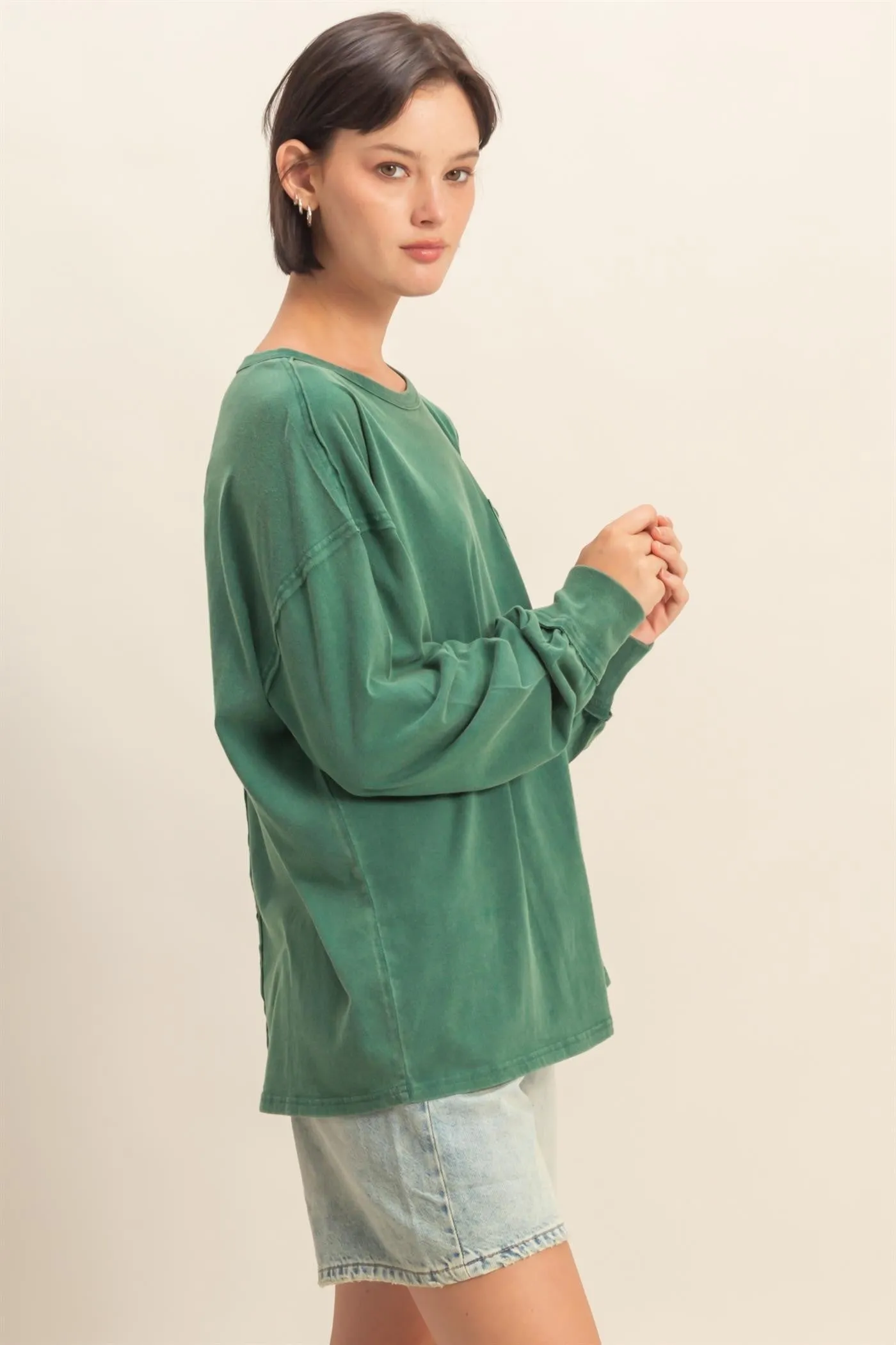 Green Oversized Washed Long Sleeve Pocket Top sold by Pinkblush product image thumbnail 2
