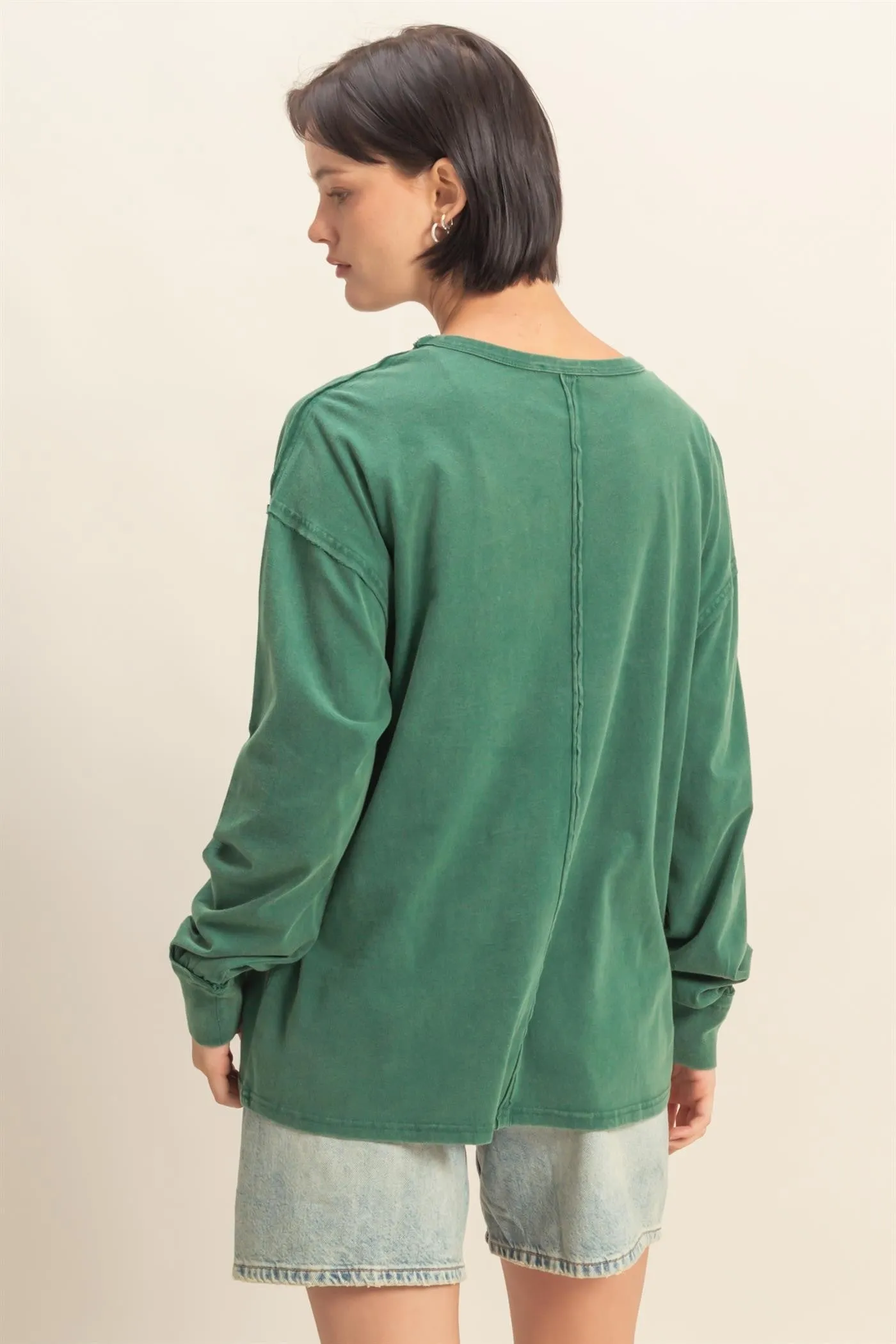 Green Oversized Washed Long Sleeve Pocket Top sold by Pinkblush product image thumbnail 3