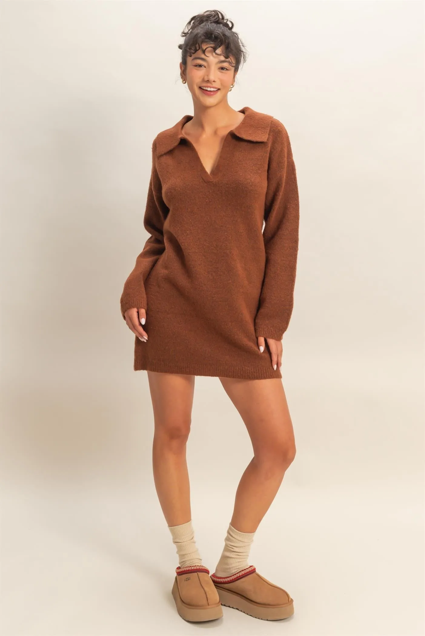 Brown Long Sleeve Polo Sweater Dress sold by Pinkblush product image thumbnail 4