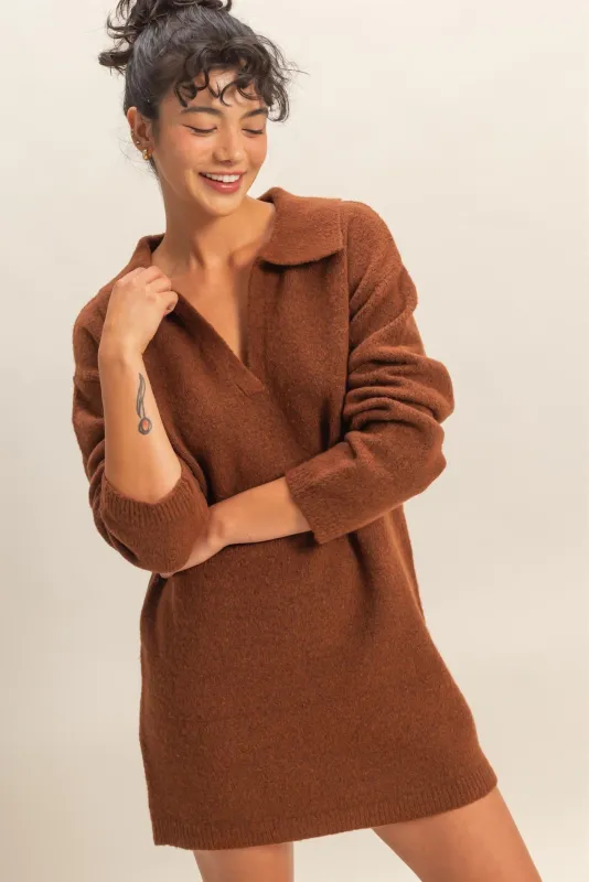 Brown Long Sleeve Polo Sweater Dress sold by Pinkblush