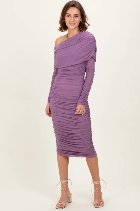 Lavender Ruched Mesh Off Shoulder Long Sleeve Midi Dress sold by Pinkblush