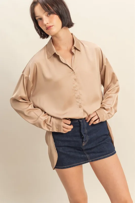 Taupe Long Sleeve Oversized Satin Maternity Shirt sold by Pinkblush
