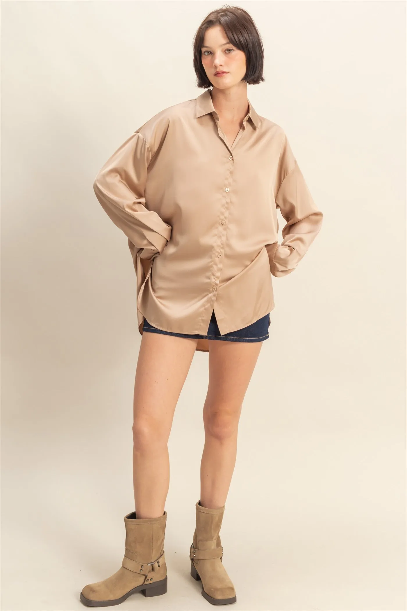 Taupe Long Sleeve Oversized Satin Maternity Shirt sold by Pinkblush product image thumbnail 3