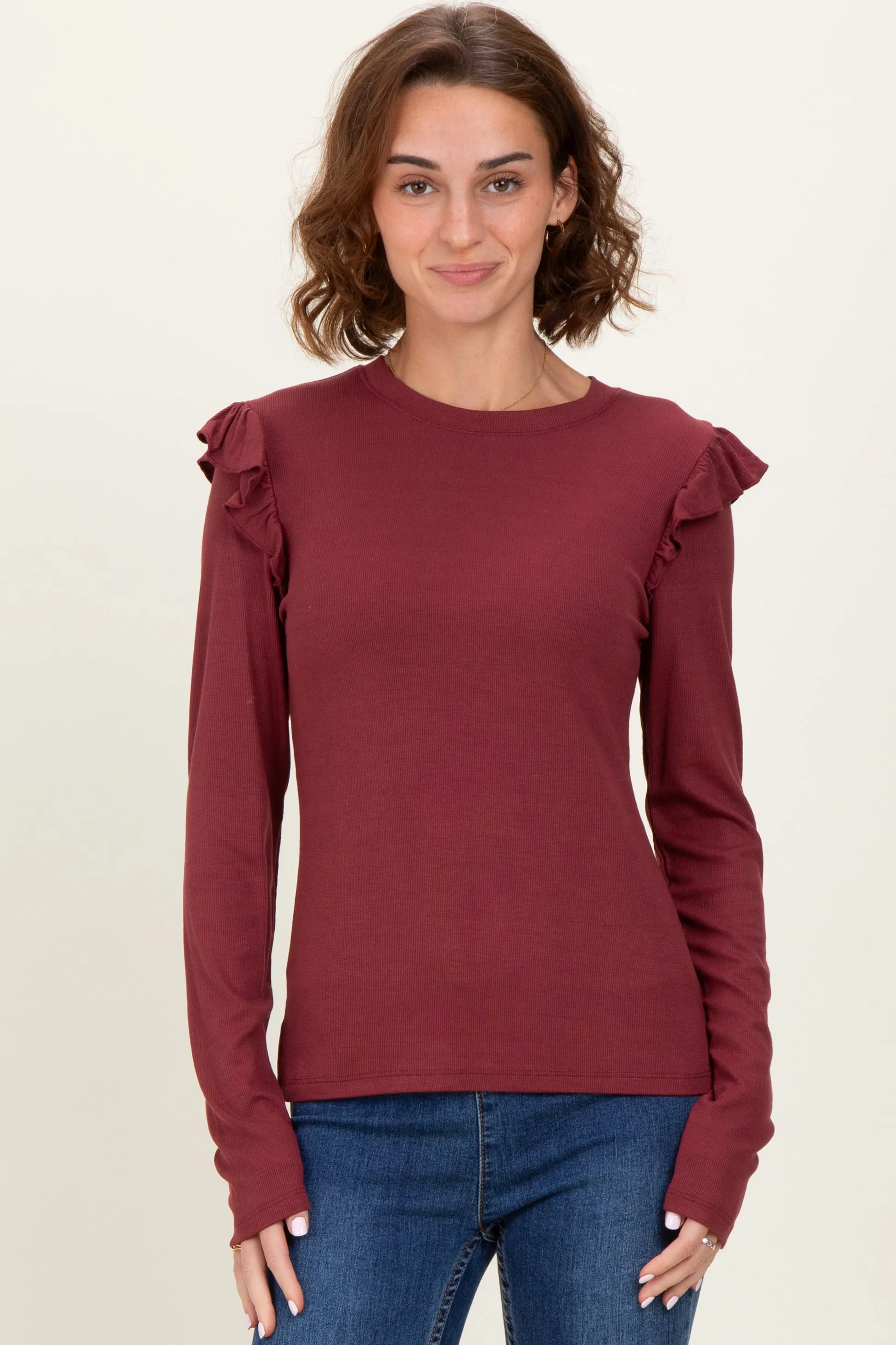 Burgundy Ribbed Knit Ruffle Detail Long Sleeve Top sold by Pinkblush
