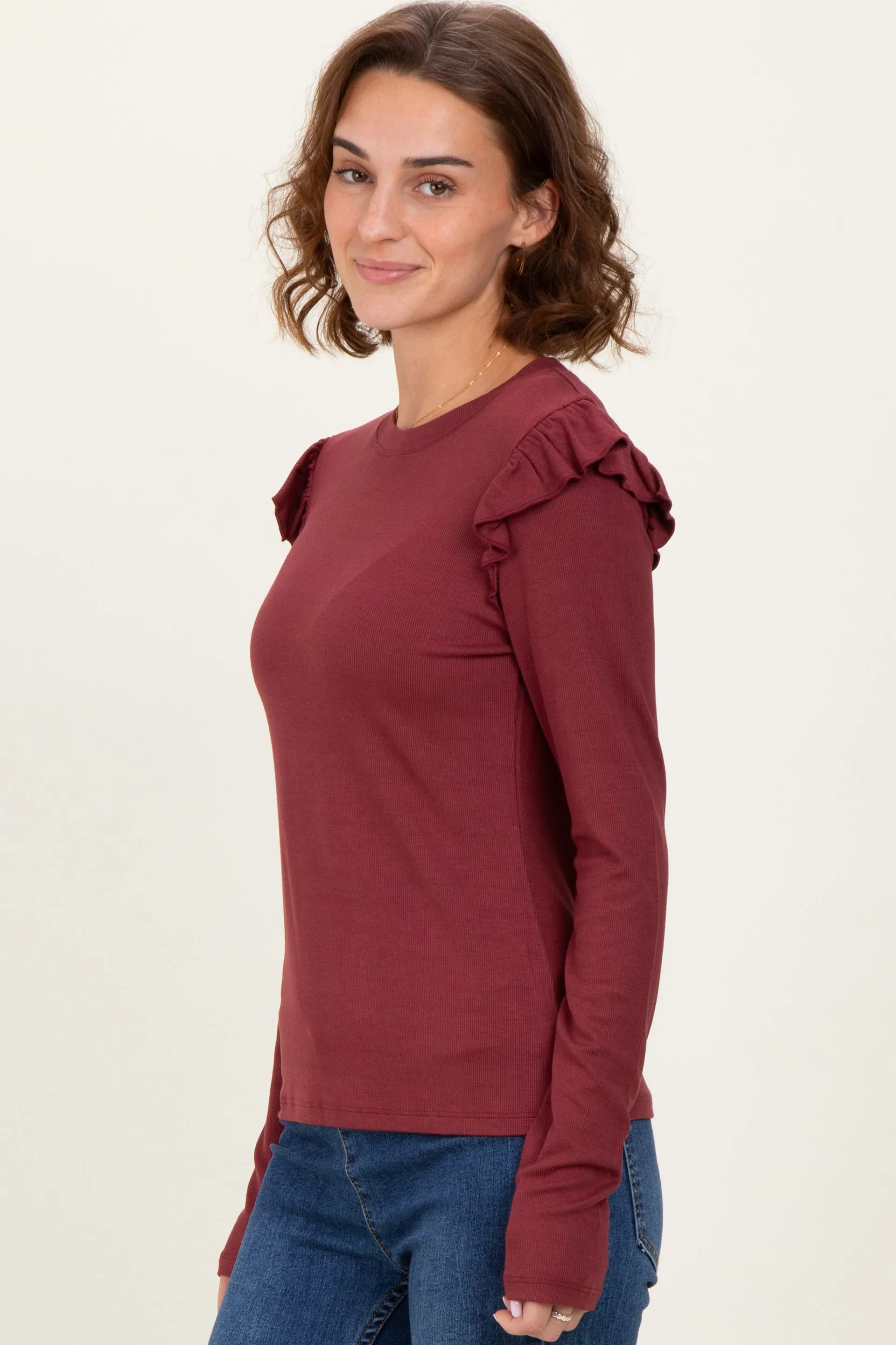 Burgundy Ribbed Knit Ruffle Detail Long Sleeve Top sold by Pinkblush product image thumbnail 2