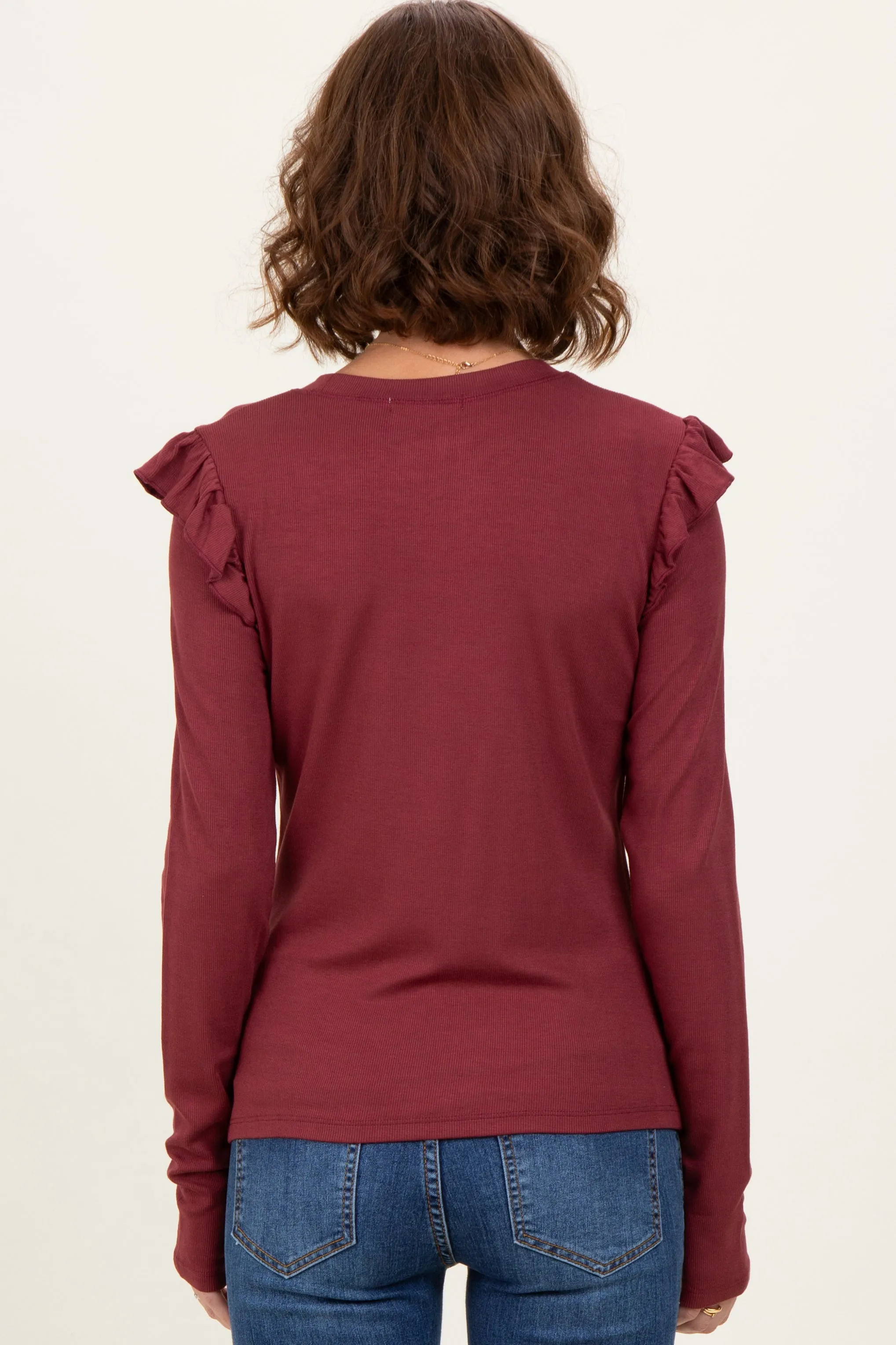 Burgundy Ribbed Knit Ruffle Detail Long Sleeve Top sold by Pinkblush product image thumbnail 3