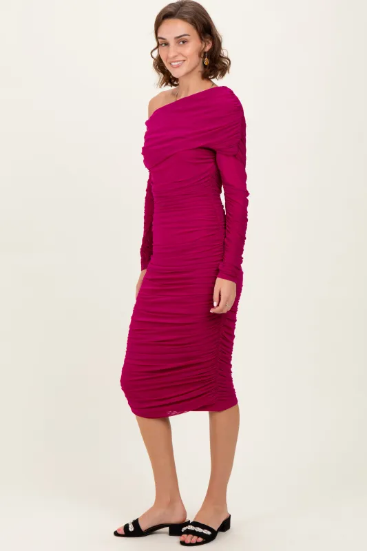 Magenta Ruched Mesh Off Shoulder Long Sleeve Midi Dress sold by Pinkblush