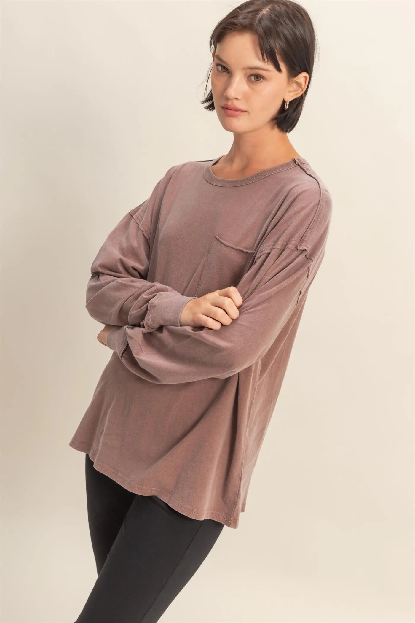 Mocha Oversized Washed Long Sleeve Pocket Top sold by Pinkblush product image thumbnail 2