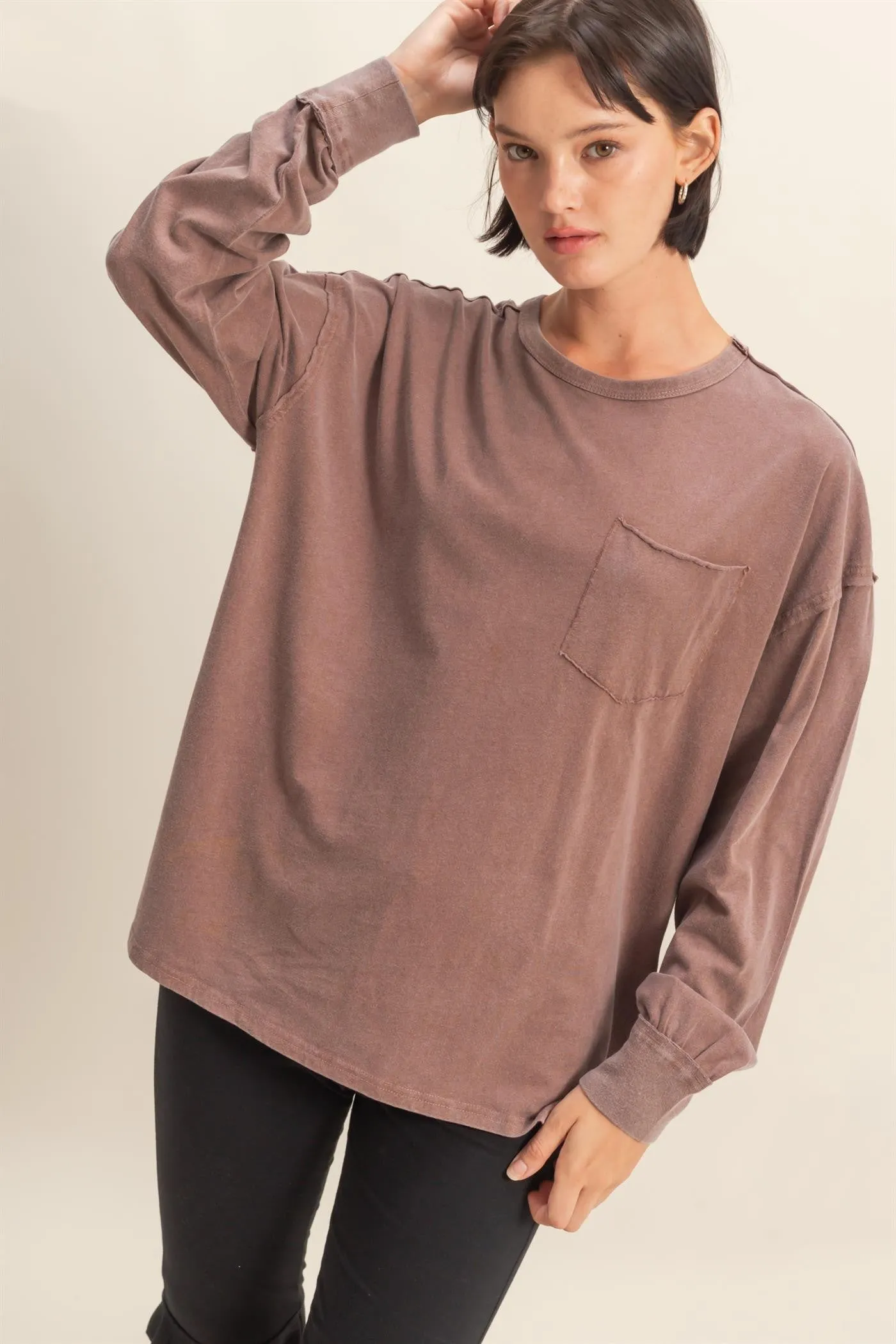 Mocha Oversized Washed Long Sleeve Pocket Top sold by Pinkblush
