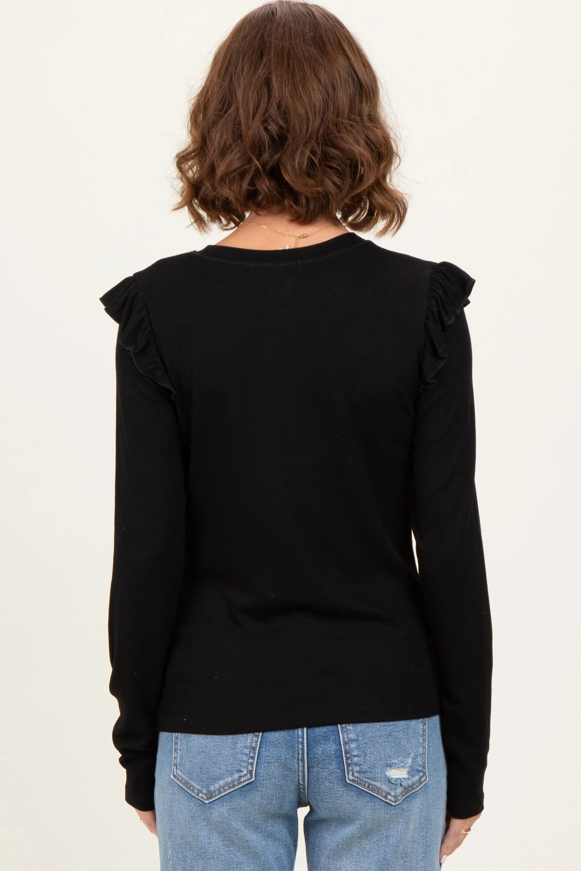 Black Ribbed Knit Ruffle Detail Long Sleeve Top sold by Pinkblush product image thumbnail 4