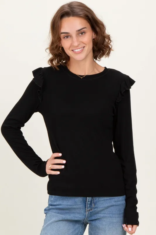 Black Ribbed Knit Ruffle Detail Long Sleeve Top sold by Pinkblush