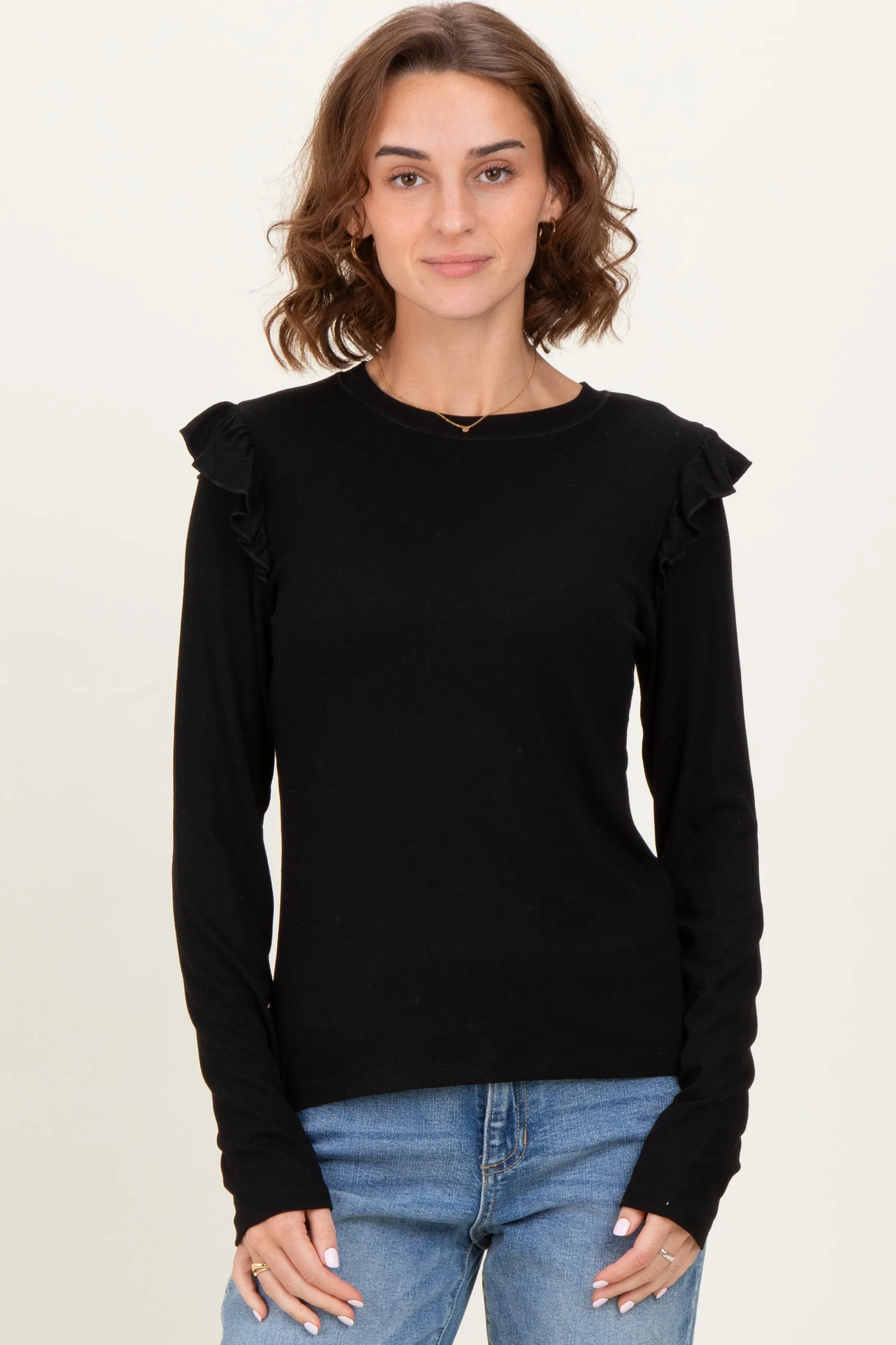 Black Ribbed Knit Ruffle Detail Long Sleeve Top sold by Pinkblush product image thumbnail 2