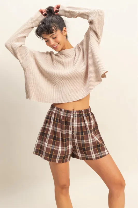 Brown Button-Front Plaid Boxer Shorts sold by Pinkblush