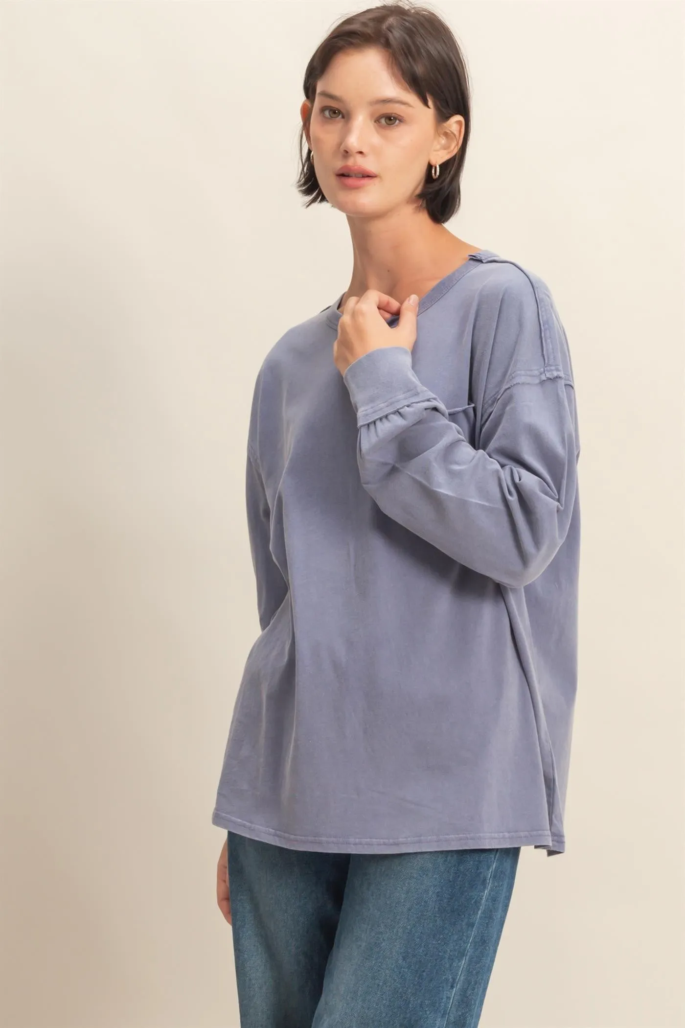 Navy Oversized Washed Long Sleeve Pocket Top sold by Pinkblush product image thumbnail 2