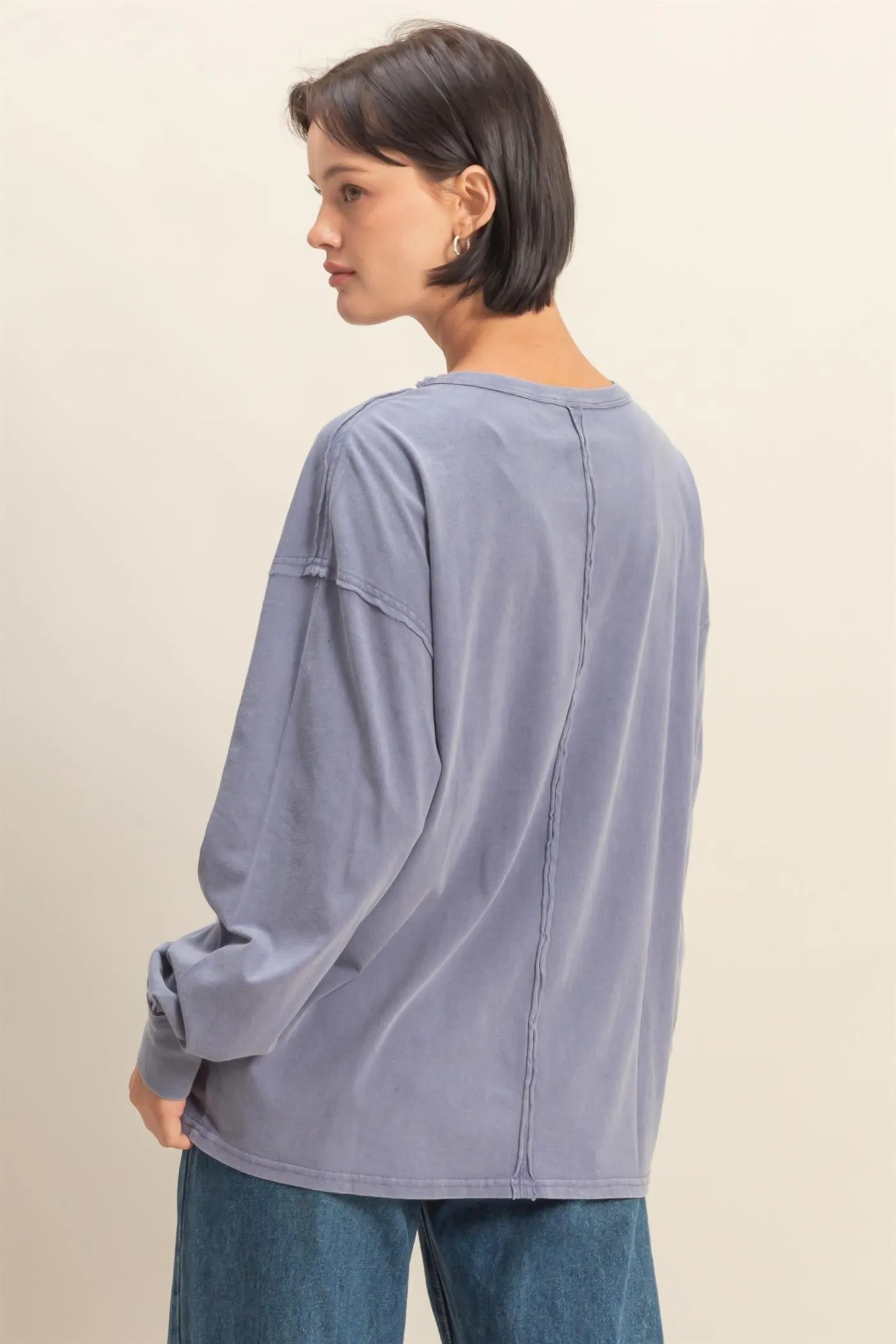 Navy Oversized Washed Long Sleeve Pocket Top sold by Pinkblush product image thumbnail 3