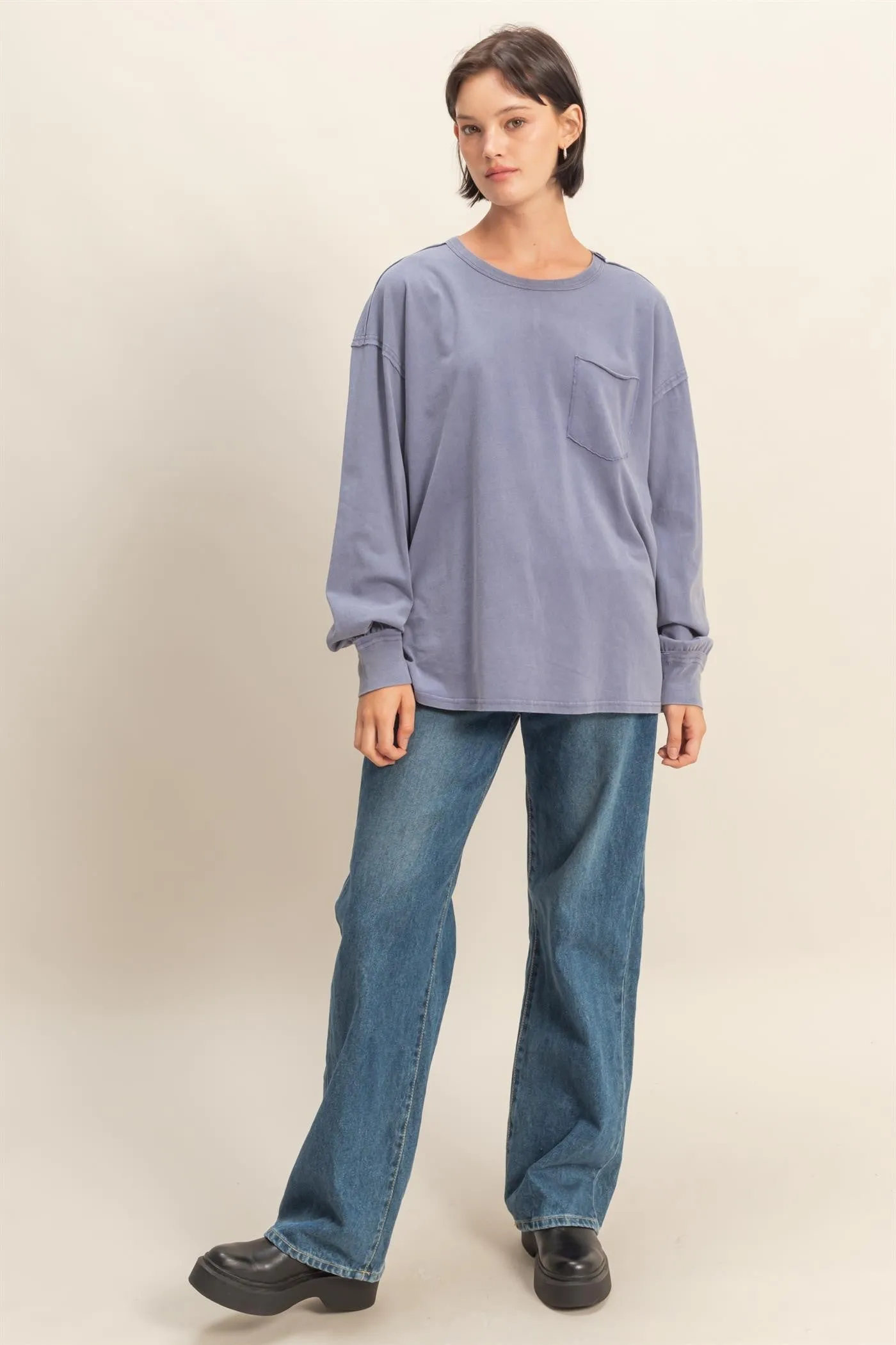 Navy Oversized Washed Long Sleeve Pocket Top sold by Pinkblush product image thumbnail 4