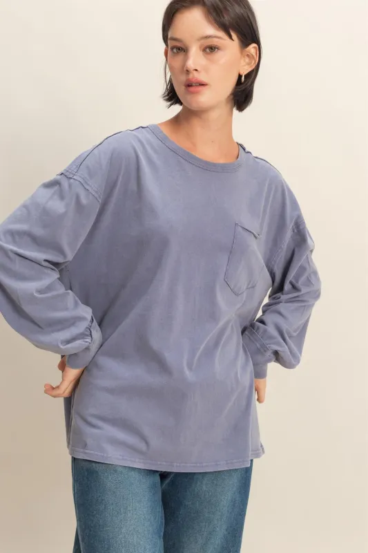 Navy Oversized Washed Long Sleeve Pocket Top sold by Pinkblush