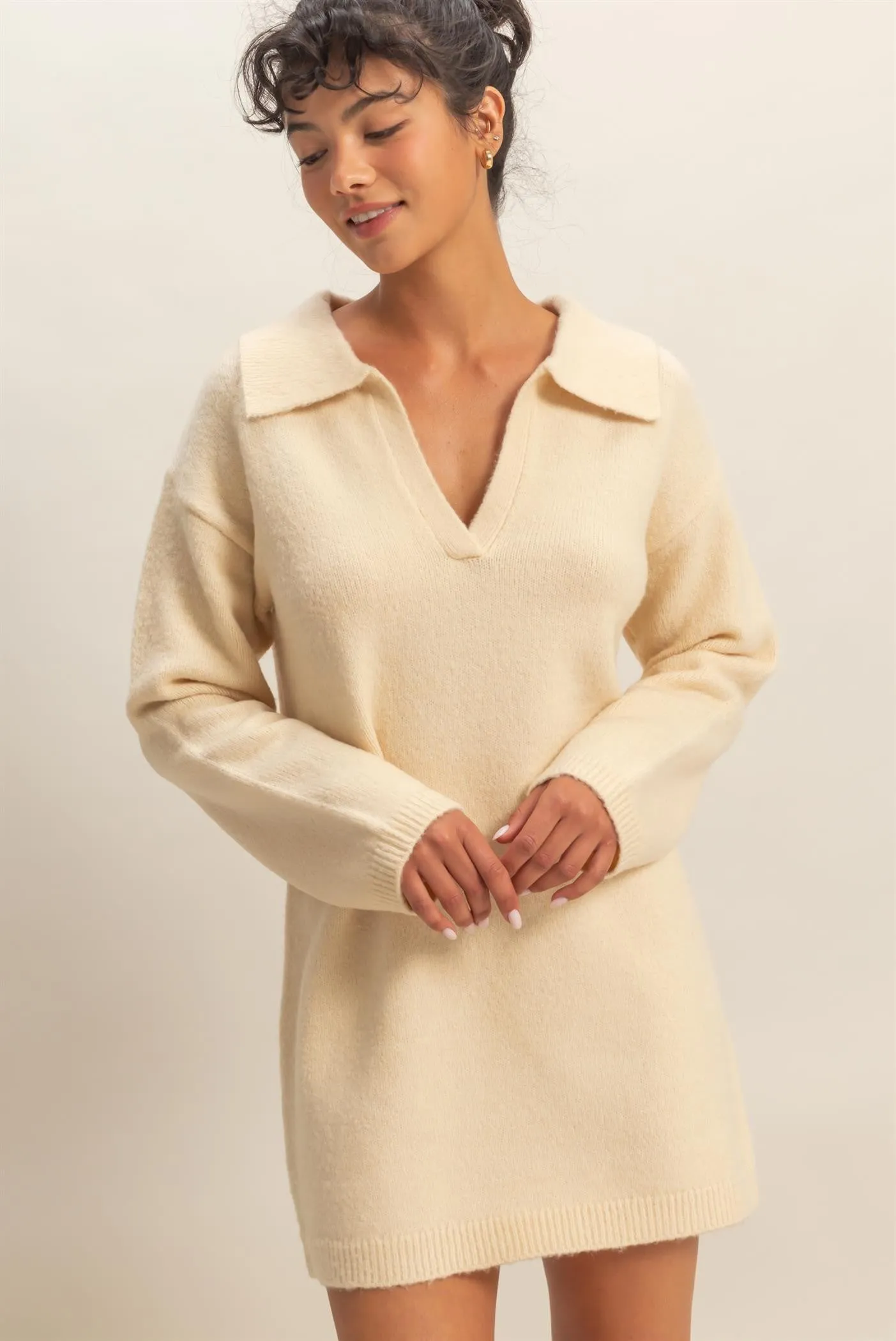 Cream Long Sleeve Polo Sweater Dress sold by Pinkblush