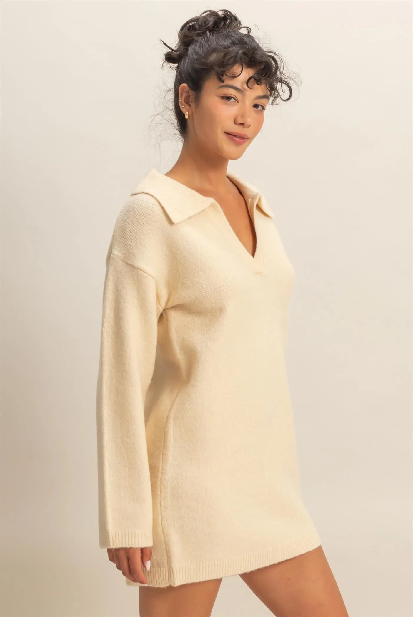Cream Long Sleeve Polo Sweater Dress sold by Pinkblush product image thumbnail 2