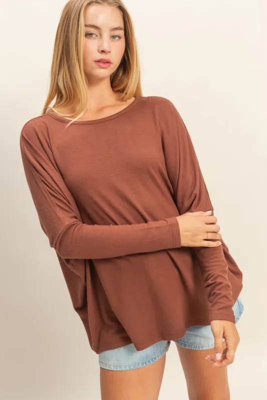 Rust Relaxed Fit Dolman Long Sleeve Top sold by Pinkblush