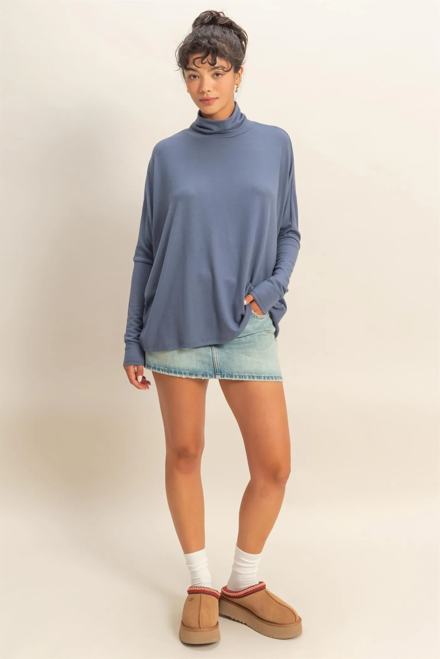 Navy Draped Oversized Turtleneck Dolman Sleeve Top sold by Pinkblush product image thumbnail 4