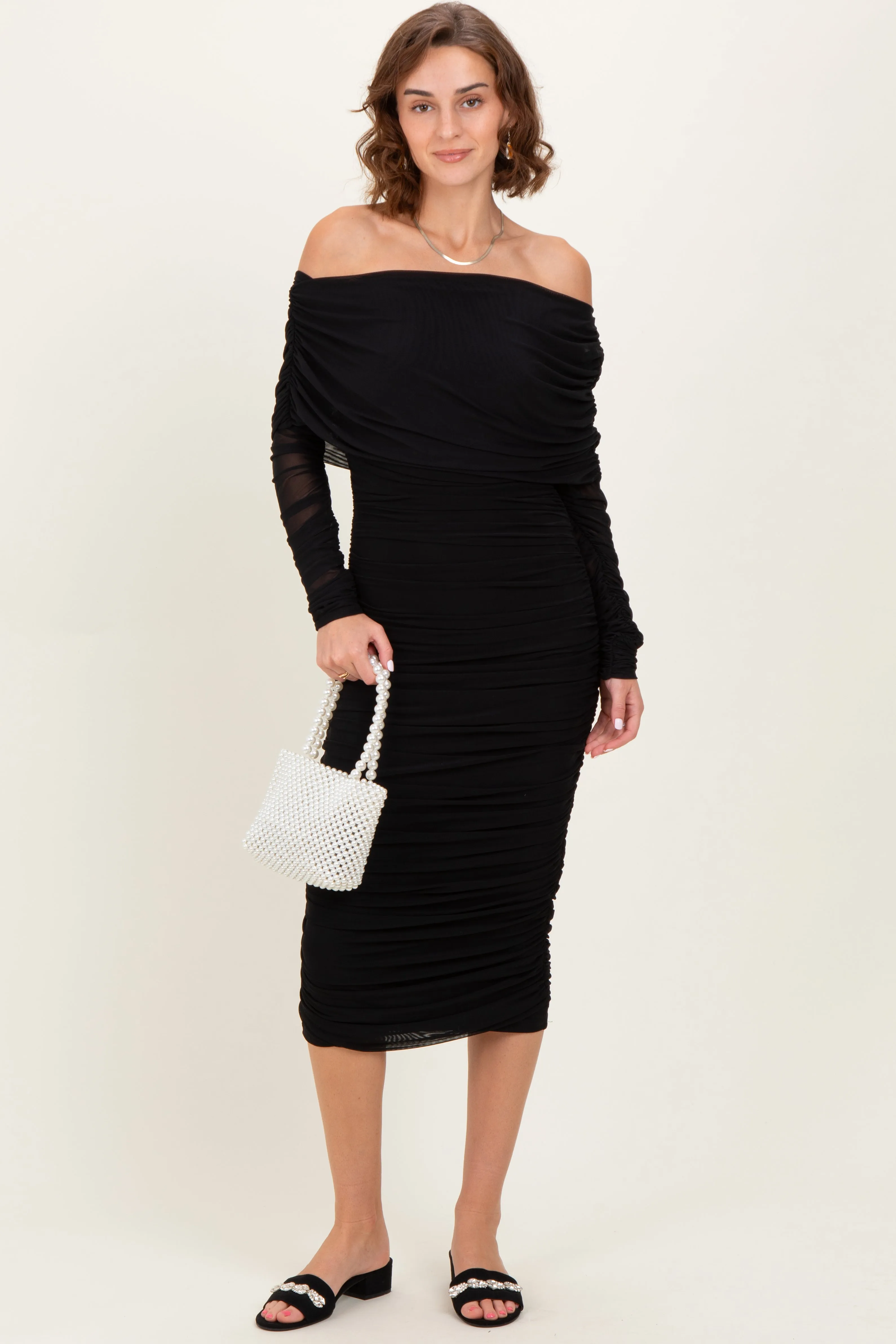 Black Ruched Mesh Off Shoulder Long Sleeve Midi Dress sold by Pinkblush