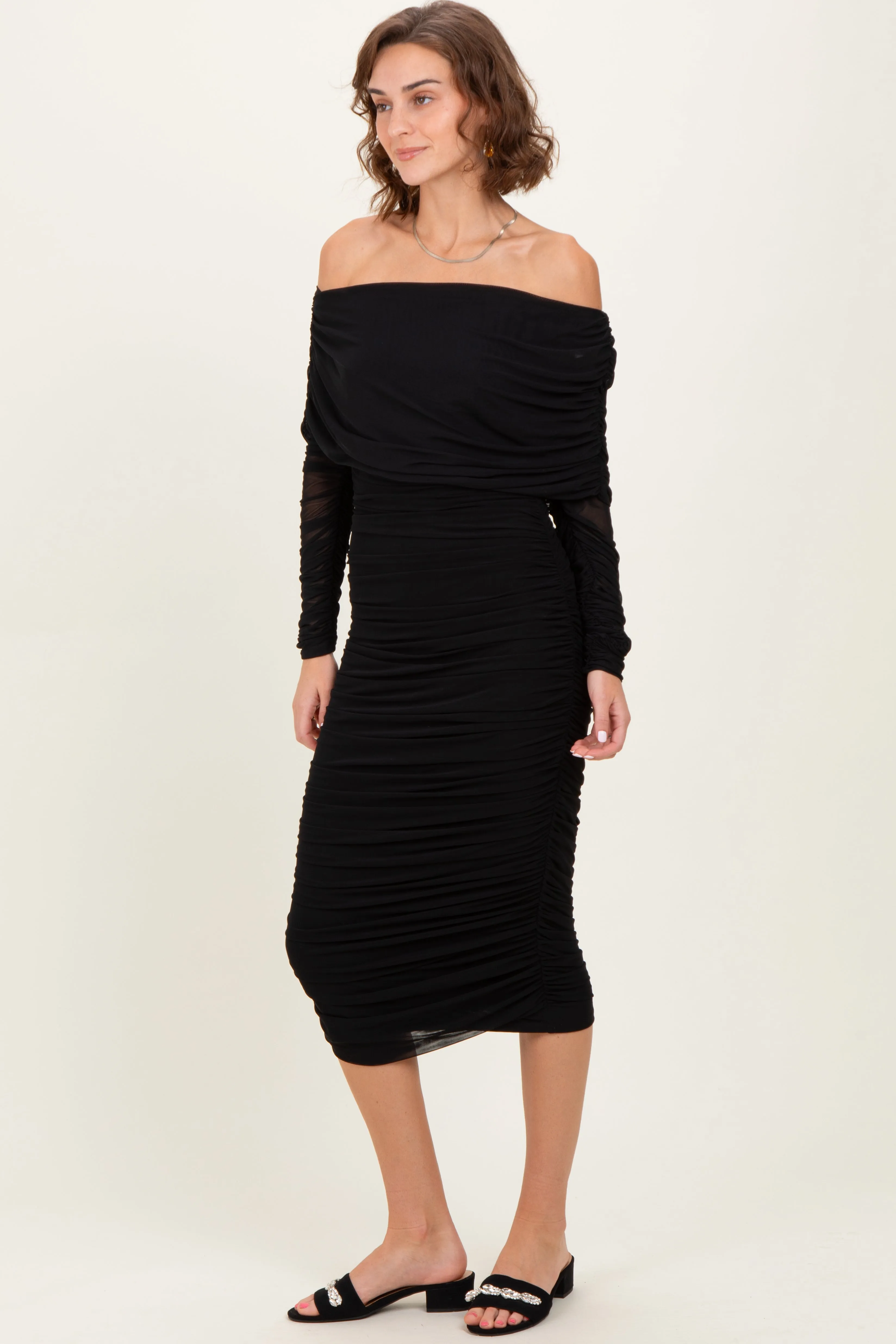 Black Ruched Mesh Off Shoulder Long Sleeve Midi Dress sold by Pinkblush product image thumbnail 2