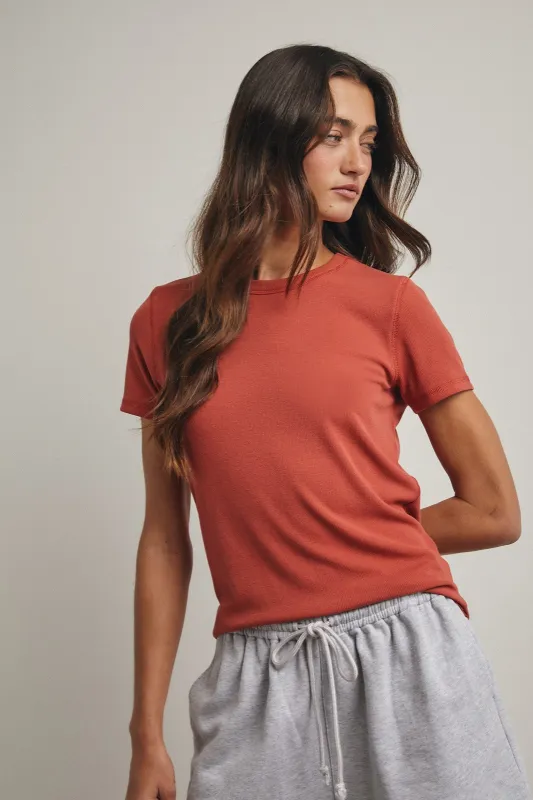 Rust Ribbed Short Sleeve Curved Hem Top sold by Pinkblush