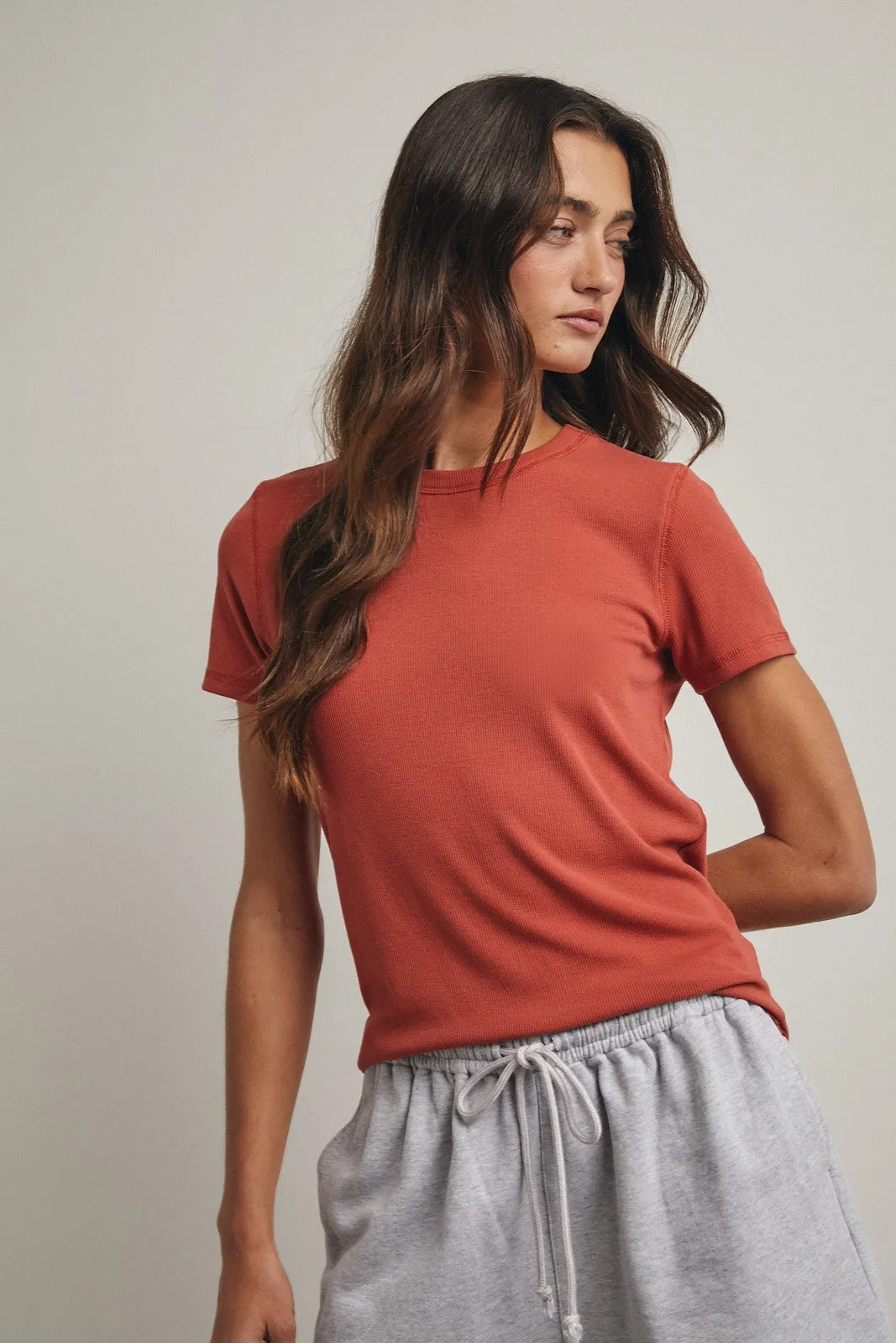 Rust Ribbed Short Sleeve Curved Hem Top sold by Pinkblush