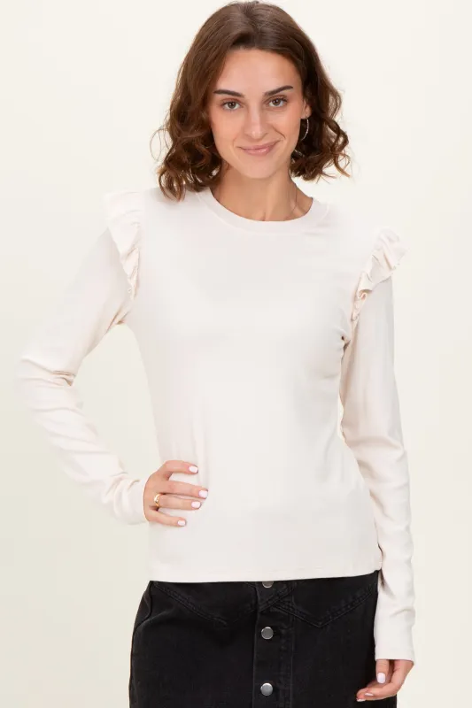 Cream Ribbed Knit Ruffle Detail Long Sleeve Top sold by Pinkblush