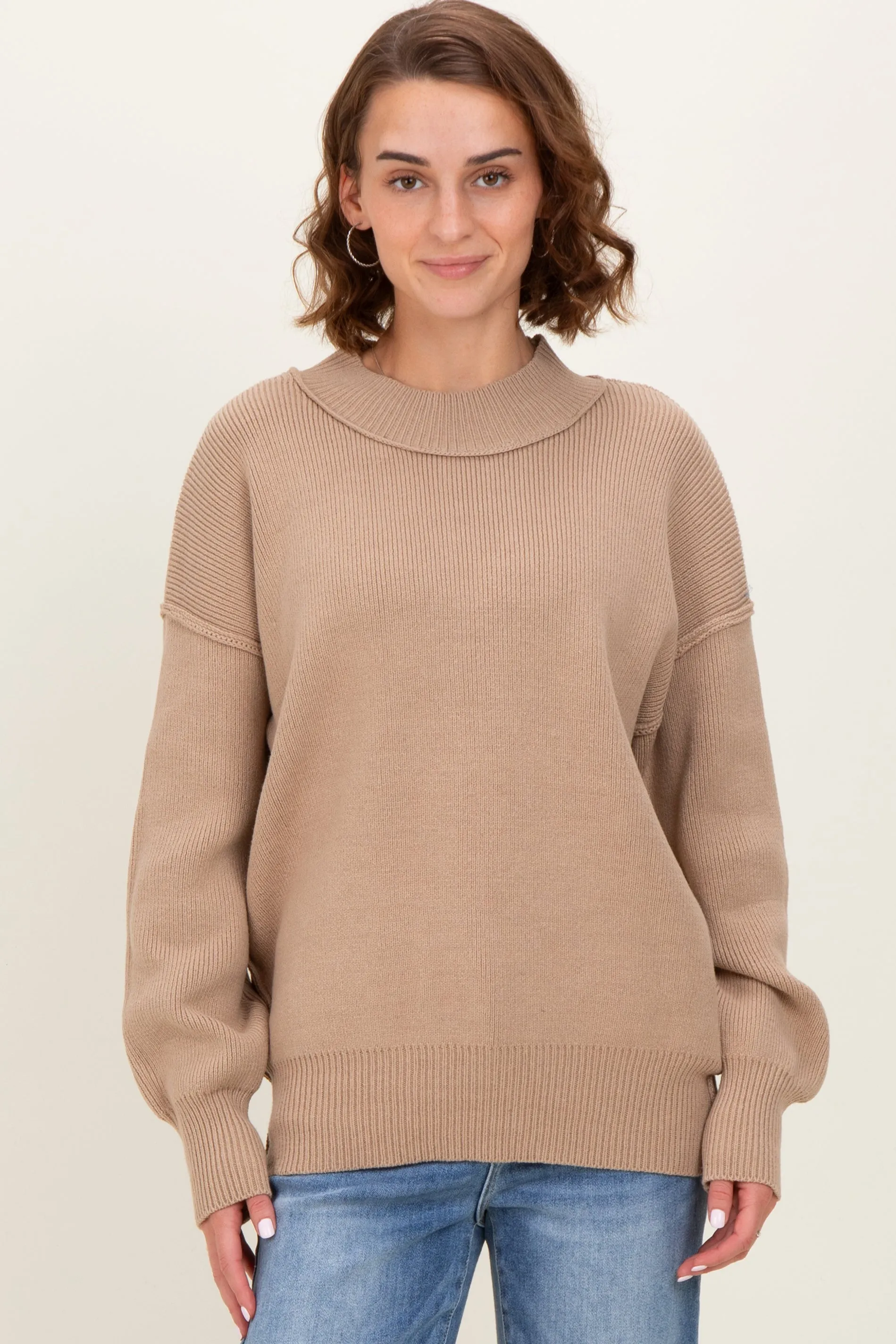 Light Mocha Wide Neck Drop Shoulder Sweater sold by Pinkblush