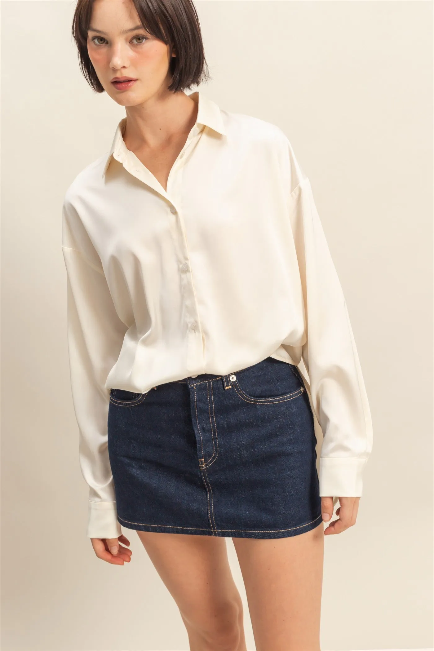 Cream Long Sleeve Oversized Satin Maternity Shirt sold by Pinkblush