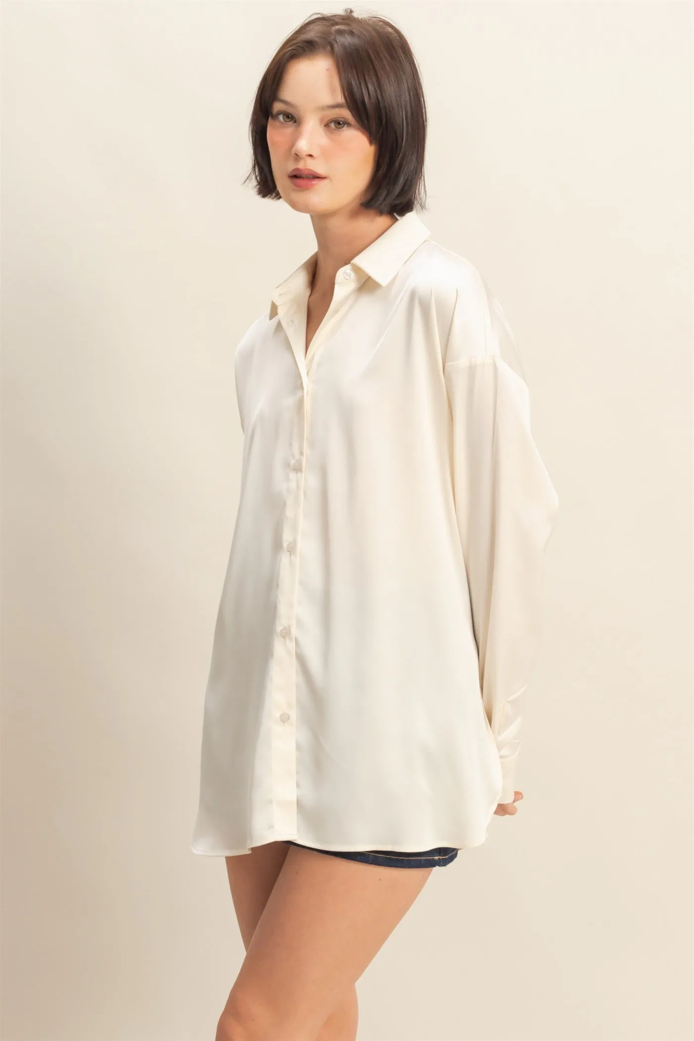 Cream Long Sleeve Oversized Satin Maternity Shirt sold by Pinkblush product image thumbnail 2