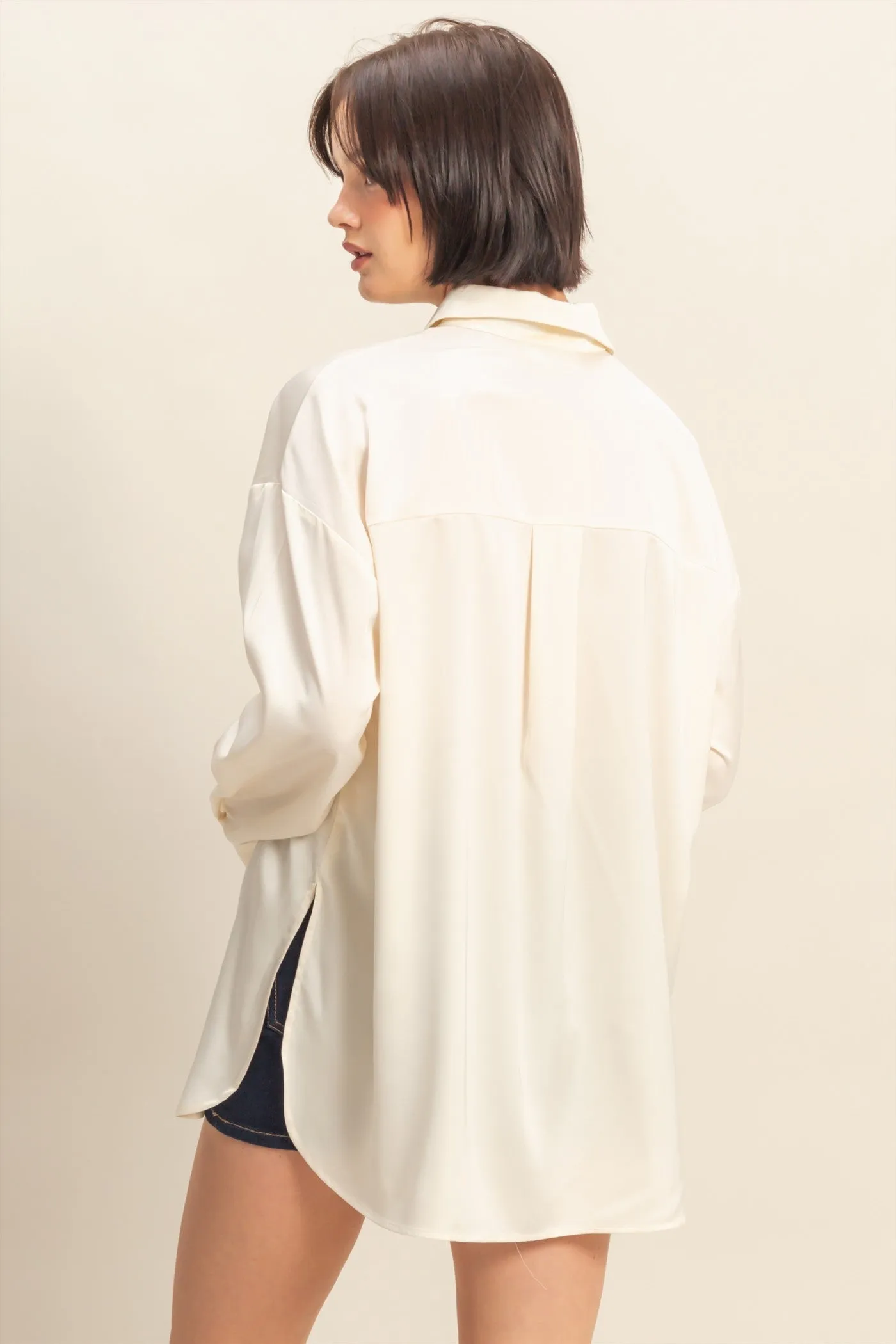 Cream Long Sleeve Oversized Satin Maternity Shirt sold by Pinkblush product image thumbnail 3