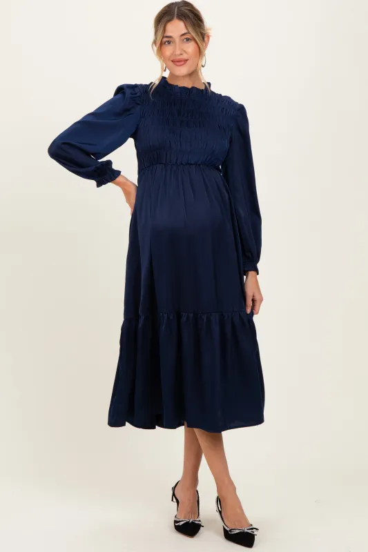 Navy Mock Neck Satin Smocked Chest Maternity Dress sold by Pinkblush