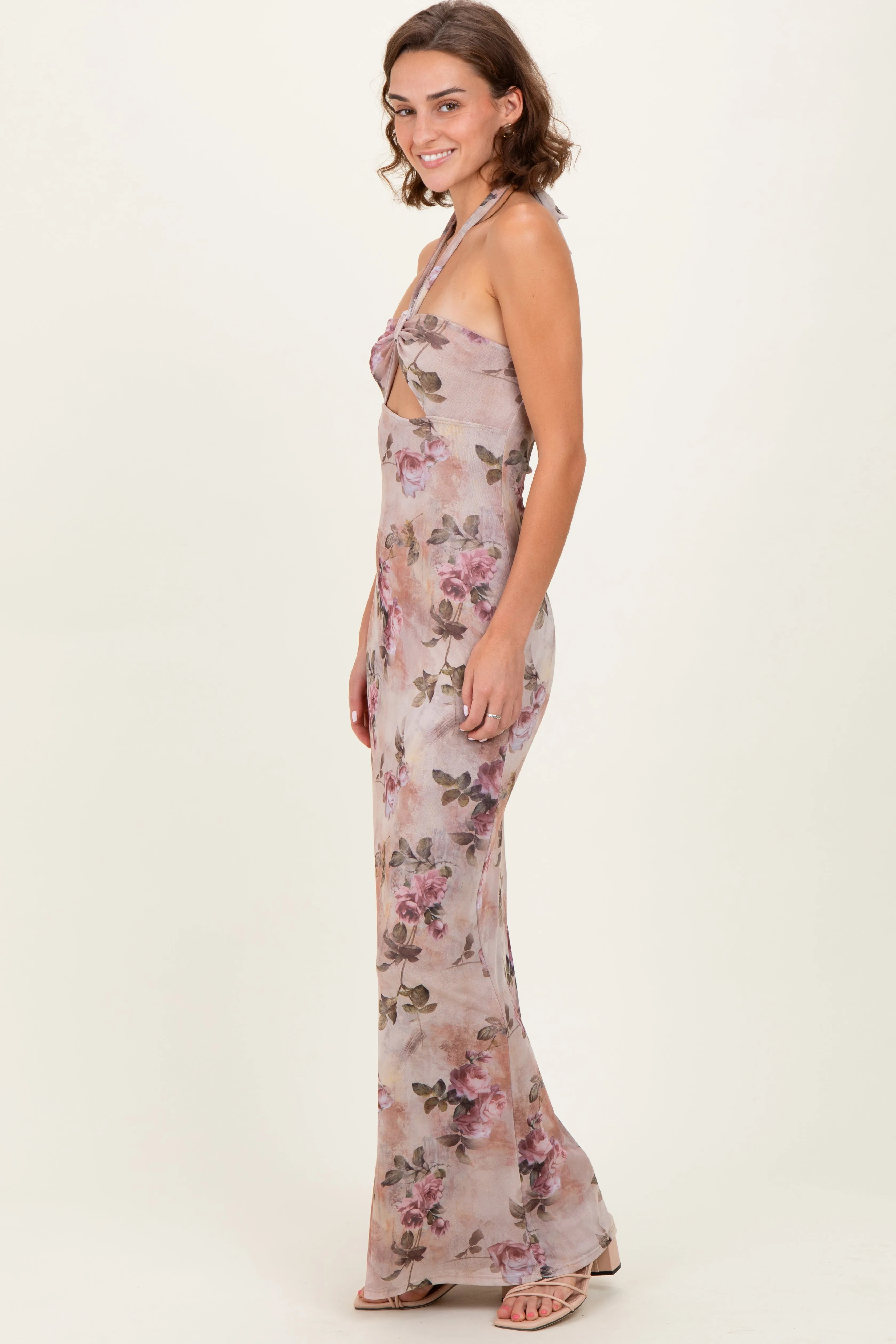 Mauve Floral Halter Cutout Maxi Dress sold by Pinkblush product image thumbnail 3