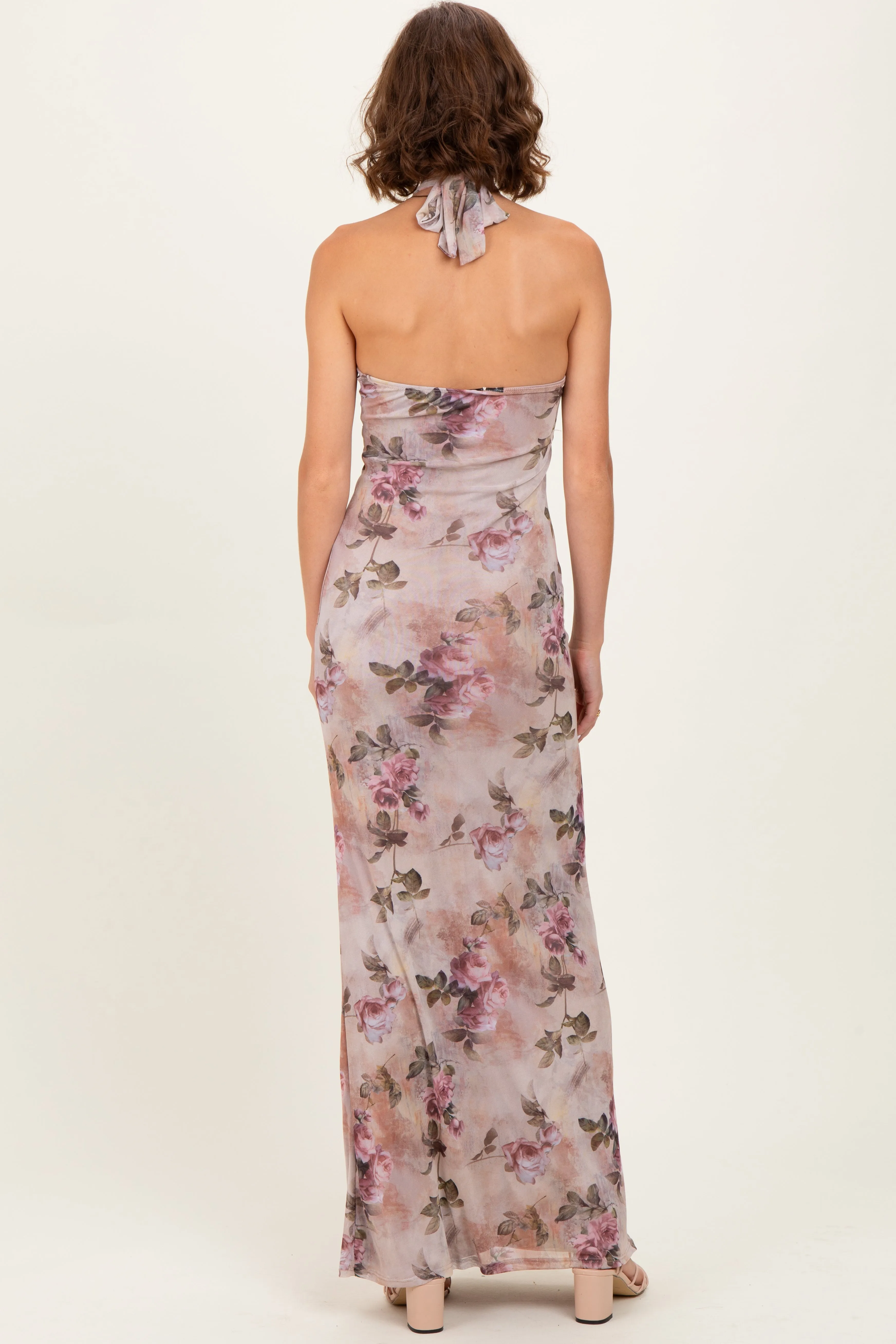 Mauve Floral Halter Cutout Maxi Dress sold by Pinkblush product image thumbnail 4