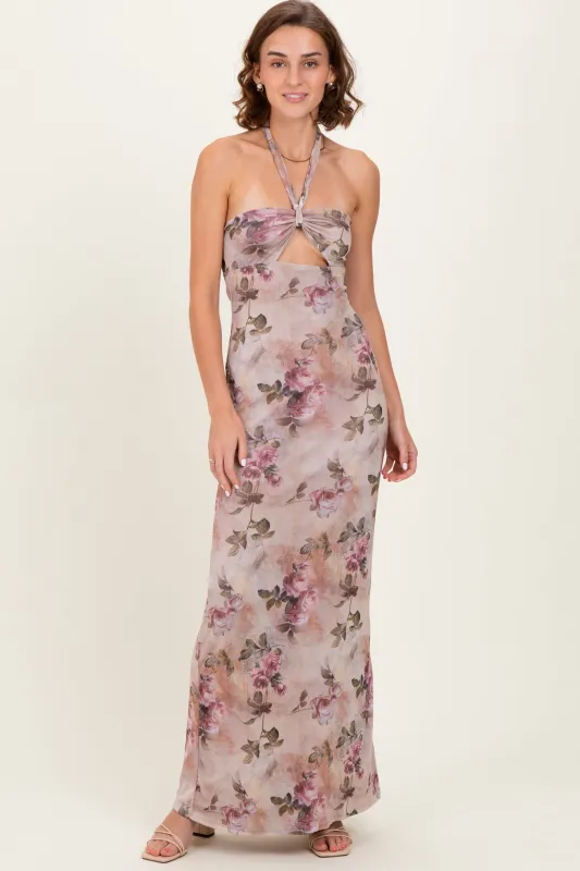 Mauve Floral Halter Cutout Maxi Dress sold by Pinkblush