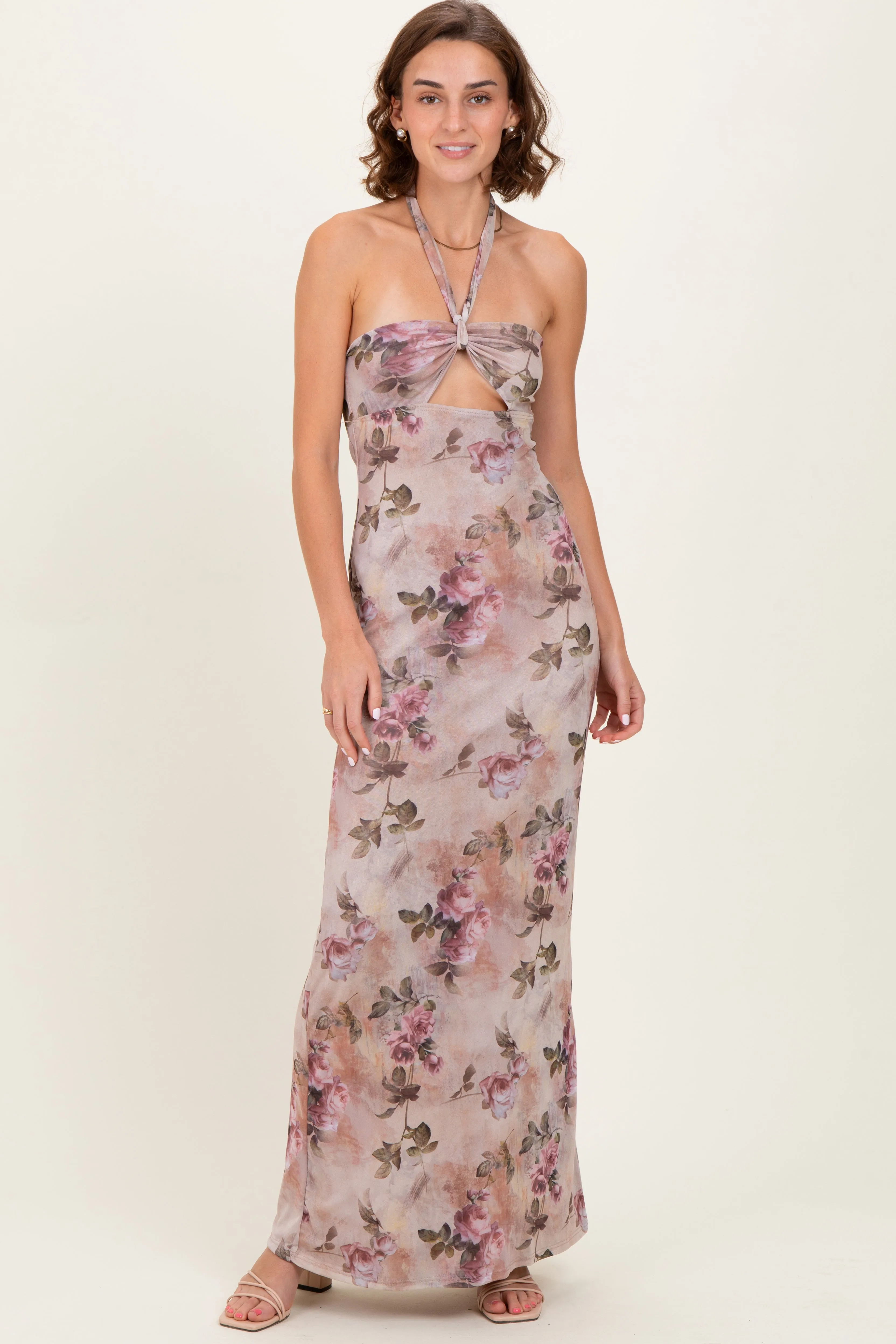 Mauve Floral Halter Cutout Maxi Dress sold by Pinkblush