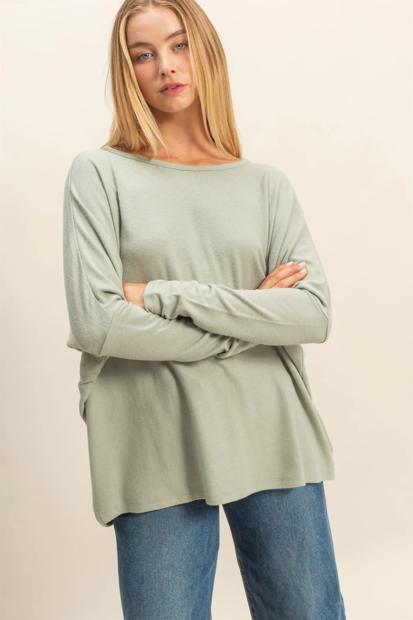 Sage Green Relaxed Fit Dolman Long Sleeve Top sold by Pinkblush