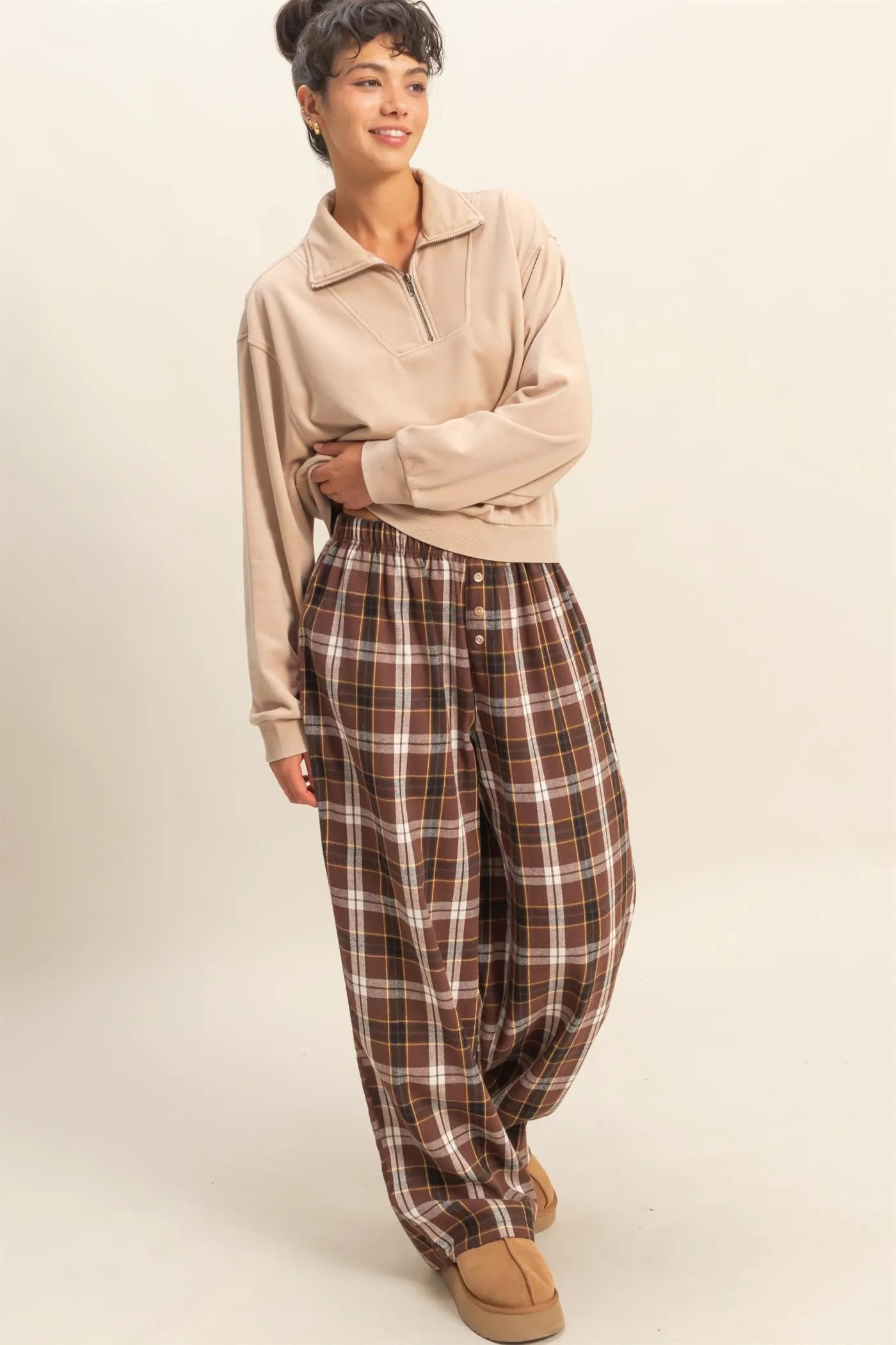 Brown Plaid Wide Leg Lounge Pants sold by Pinkblush