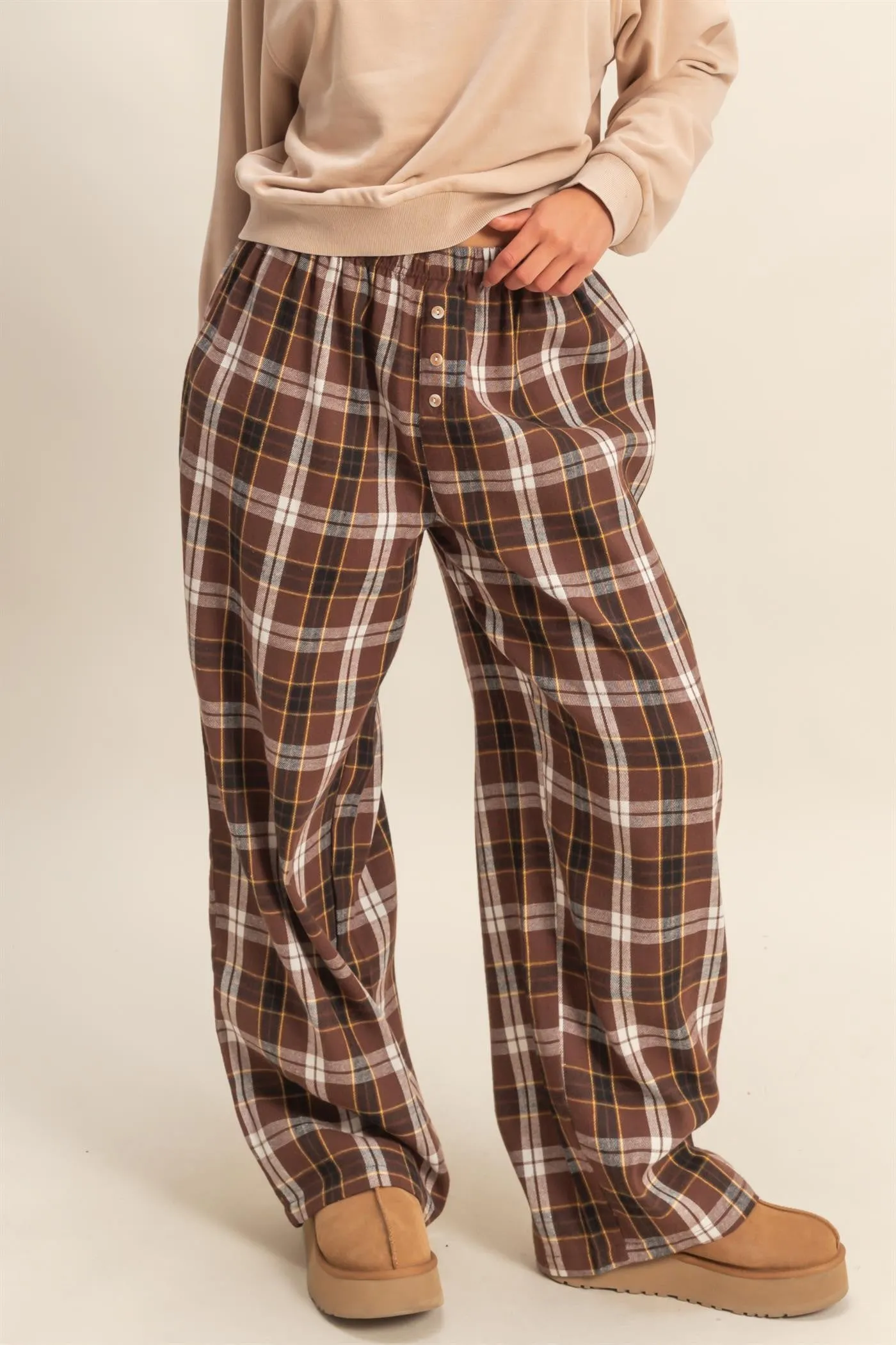 Brown Plaid Wide Leg Lounge Pants sold by Pinkblush product image thumbnail 2