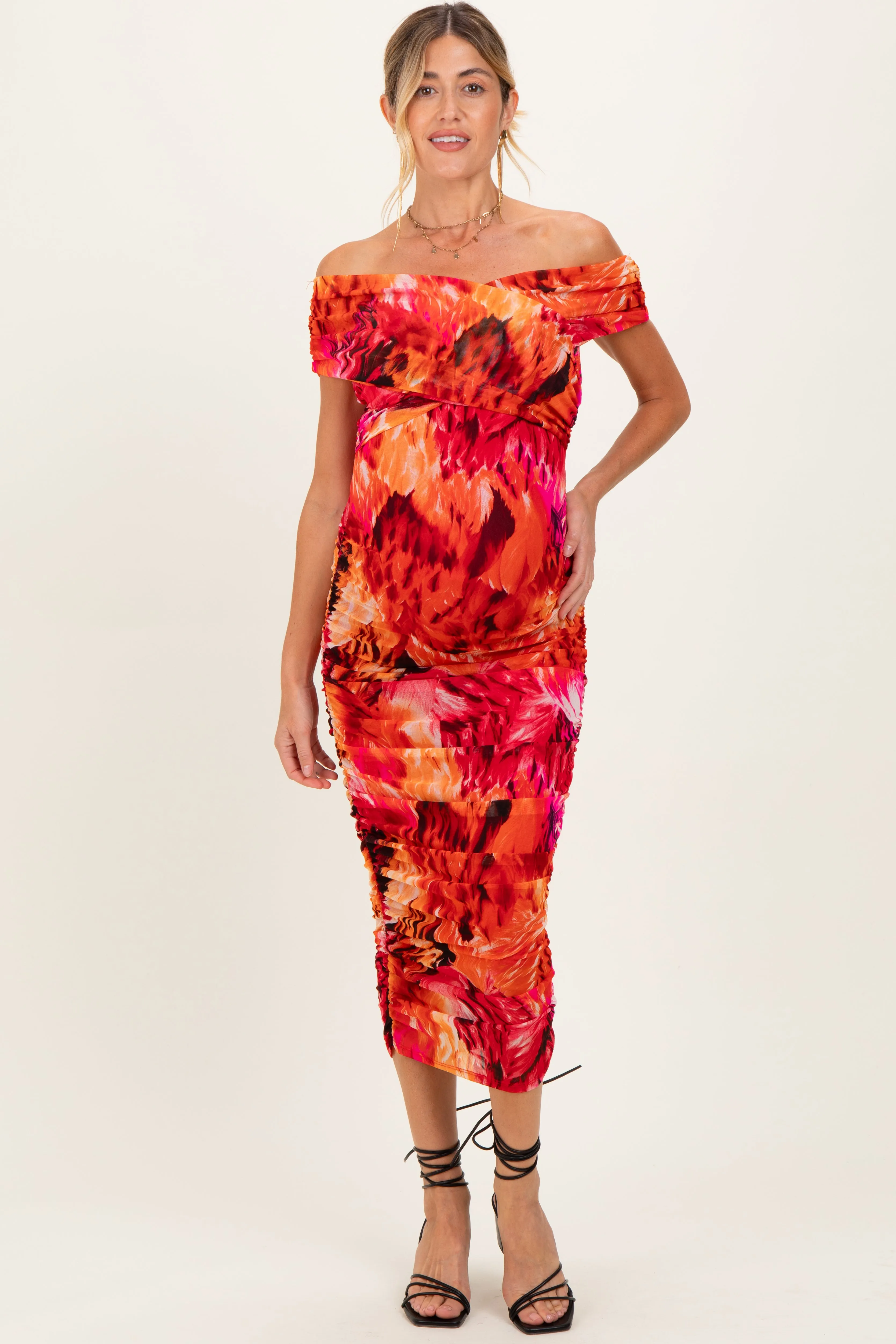 Orange Printed Off Shoulder Ruched Maternity Midi Dress sold by Pinkblush