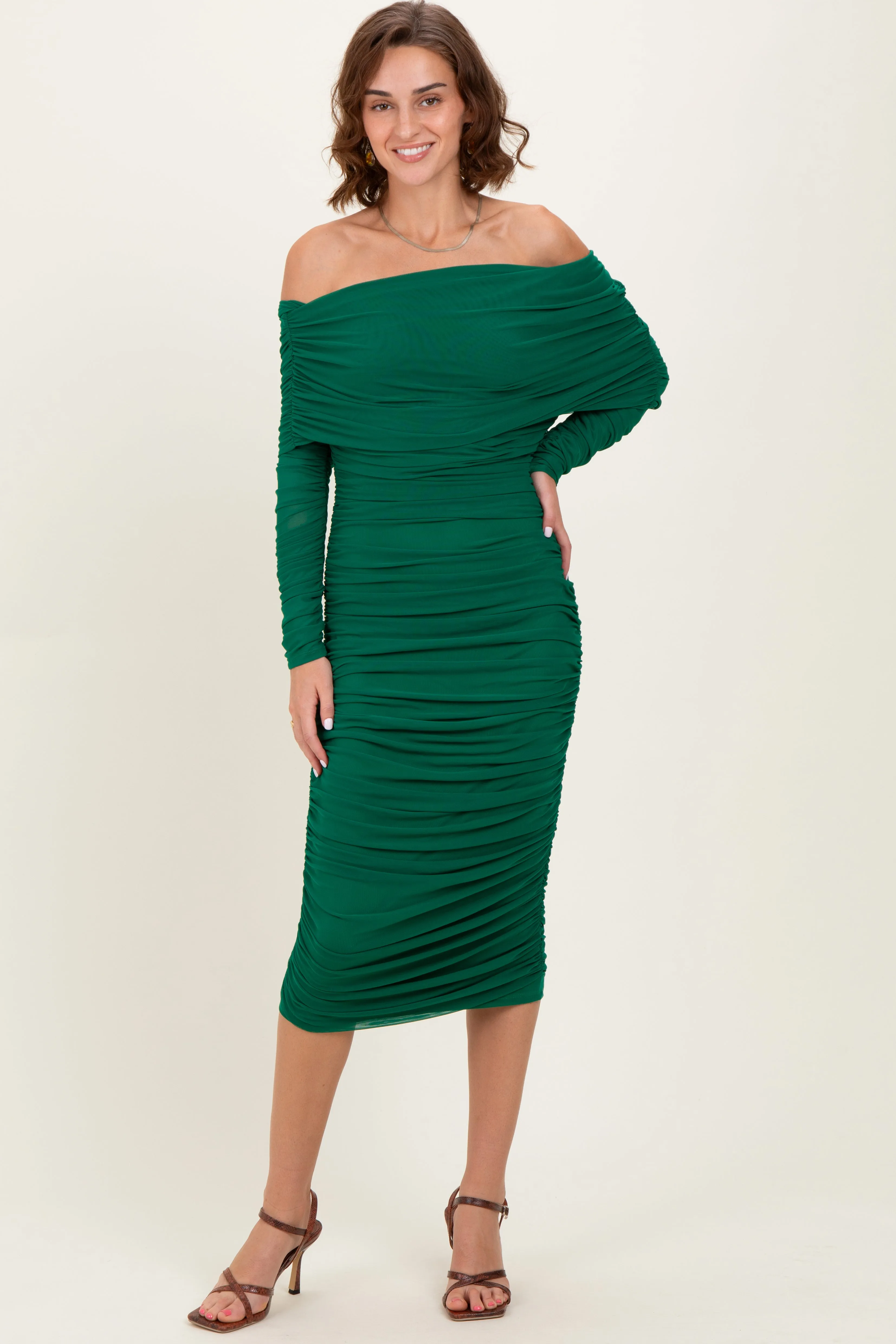 Forest Green Ruched Mesh Off Shoulder Long Sleeve Midi Dress sold by Pinkblush product image thumbnail 2
