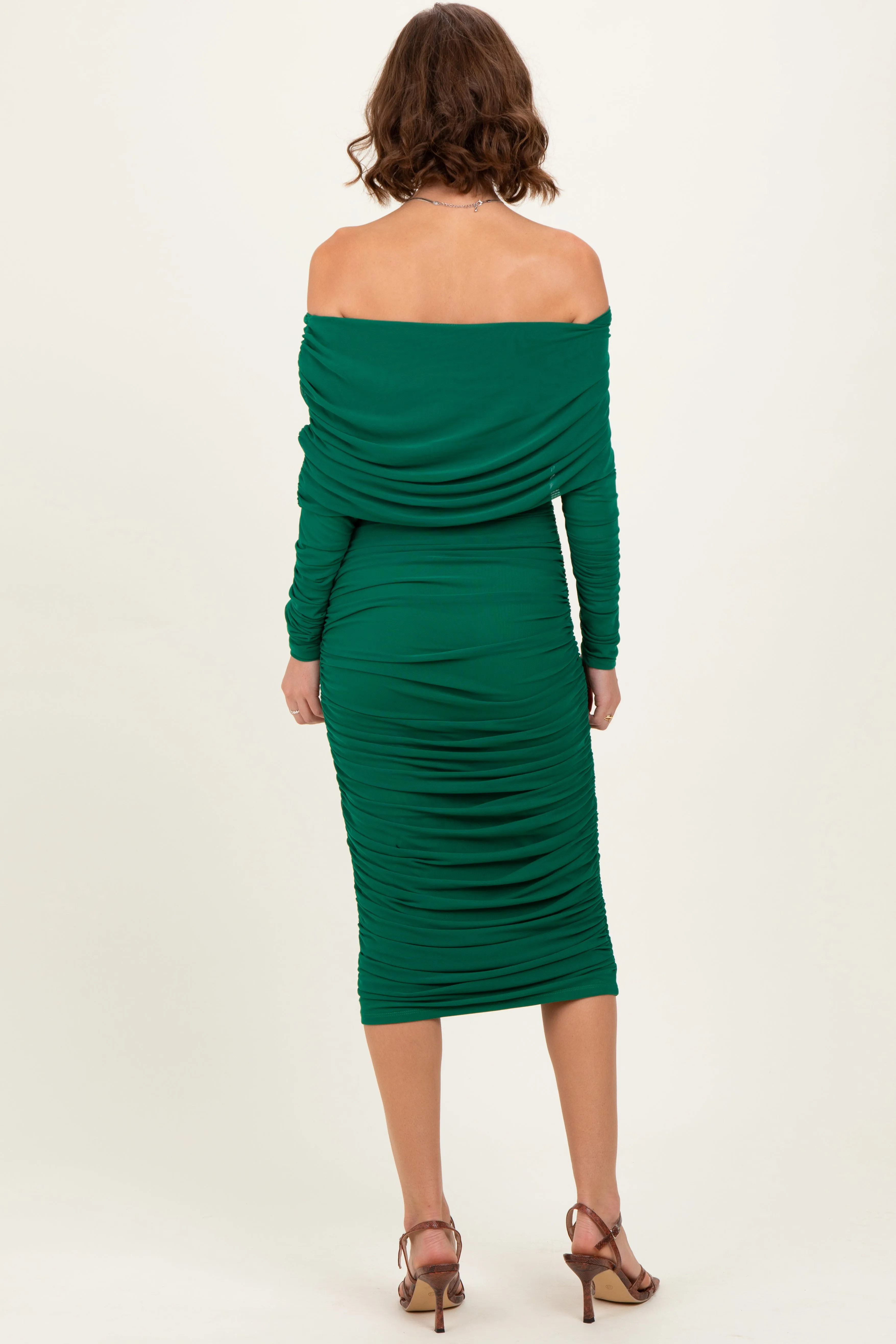 Forest Green Ruched Mesh Off Shoulder Long Sleeve Midi Dress sold by Pinkblush product image thumbnail 4