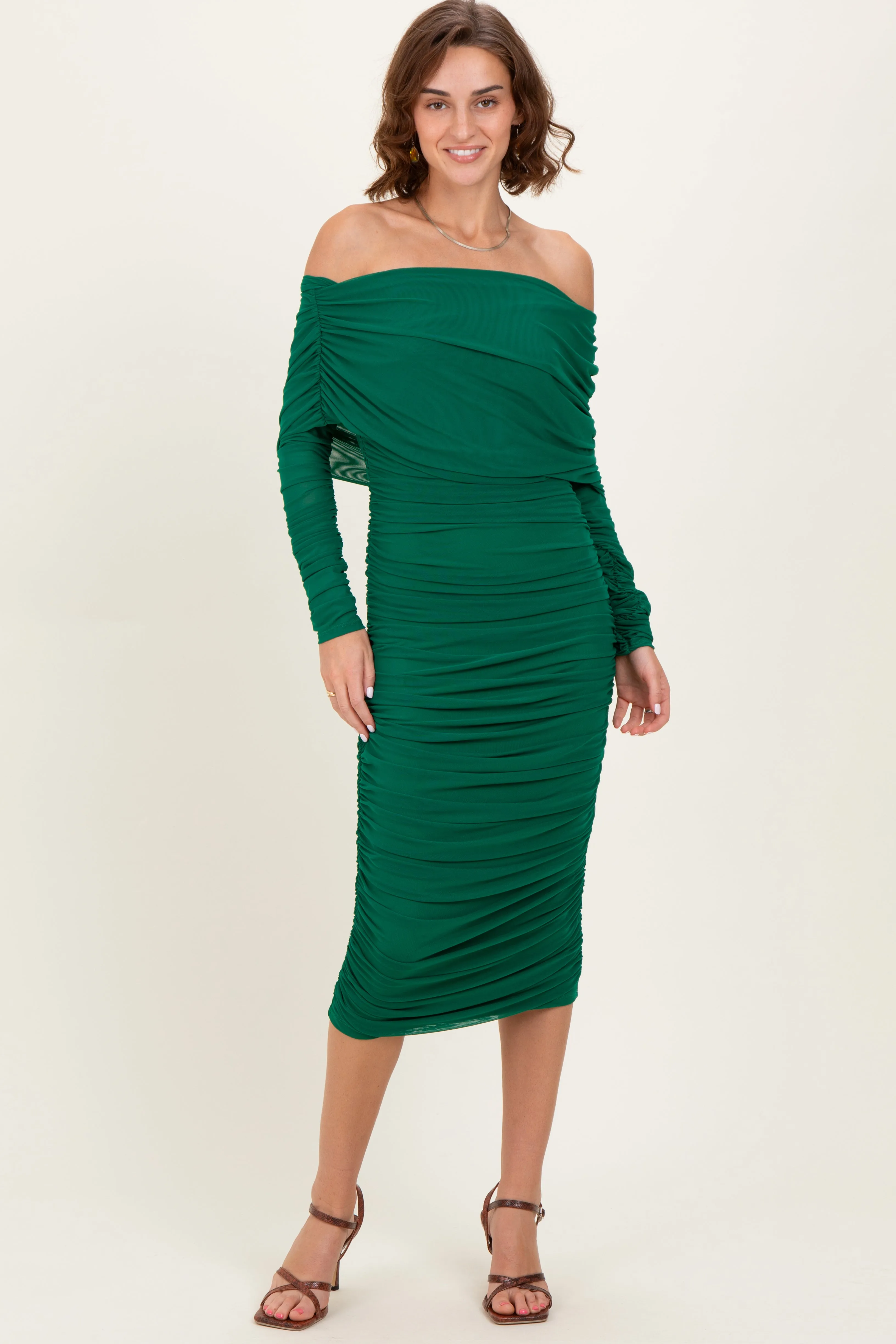 Forest Green Ruched Mesh Off Shoulder Long Sleeve Midi Dress sold by Pinkblush