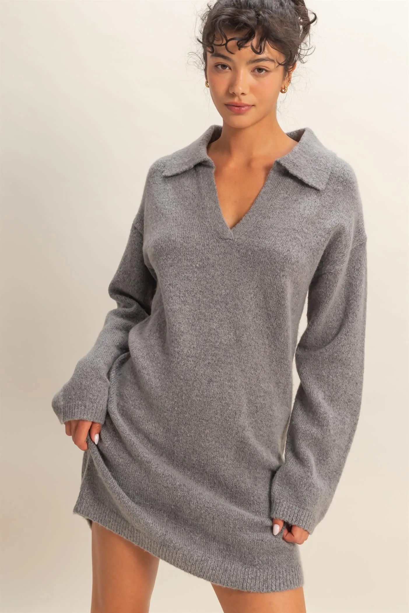 Heather Grey Long Sleeve Polo Sweater Dress sold by Pinkblush